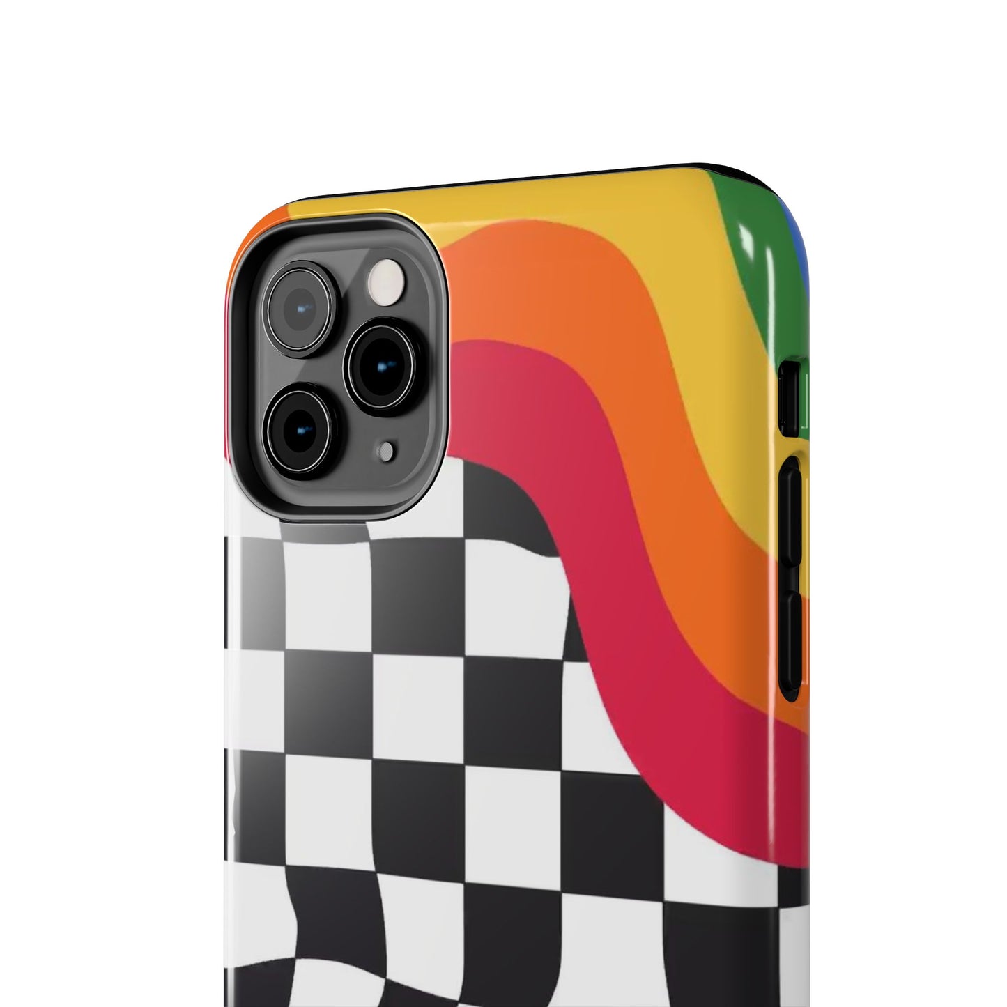 Retro Wavy Checkerboard Tough Phone Case — Rainbow Surf Skate Design