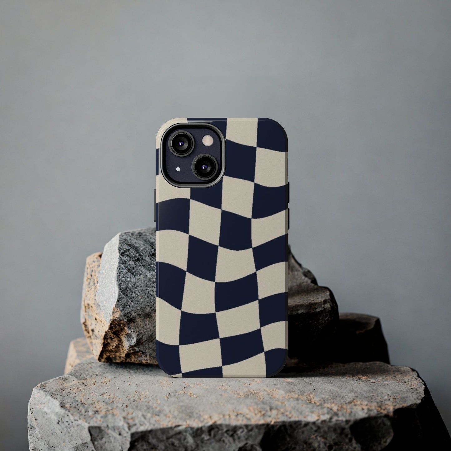 Wavy Checkerboard Tough Phone Case — Navy & Cream Protective Cover