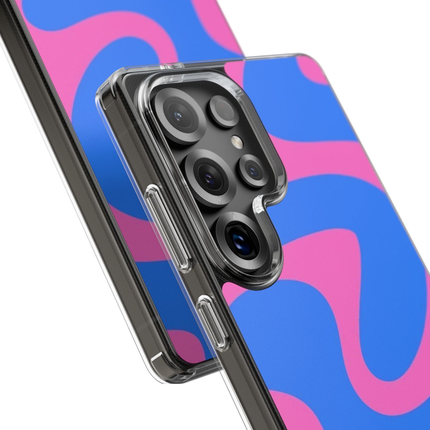 Clear Impact-Resistant Phone Case — Retro Blue & Pink Abstract Swirl