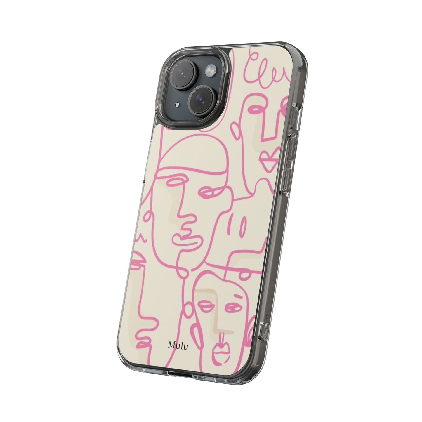 Clear Impact-Resistant Phone Case — Pink Minimalist Line Faces Design