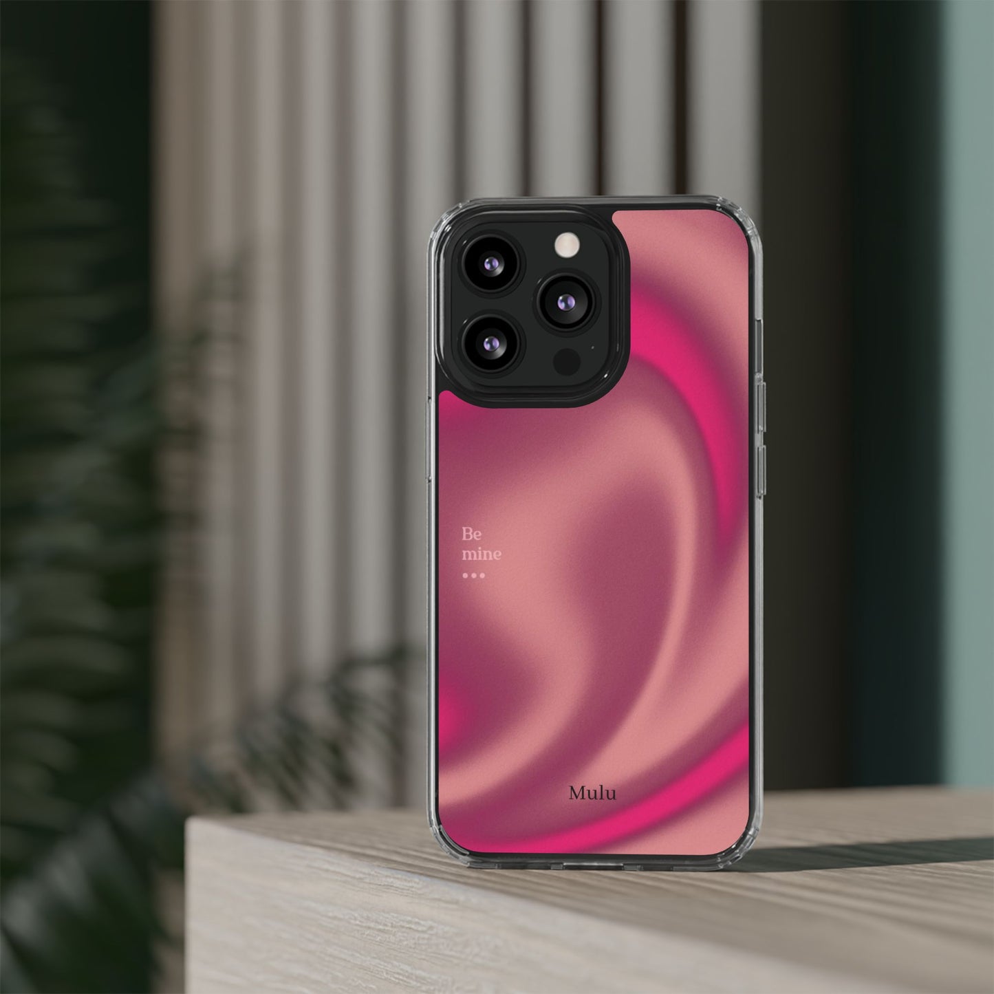 Clear Impact Phone Case — Pink Satin Swirl "Be mine" Design