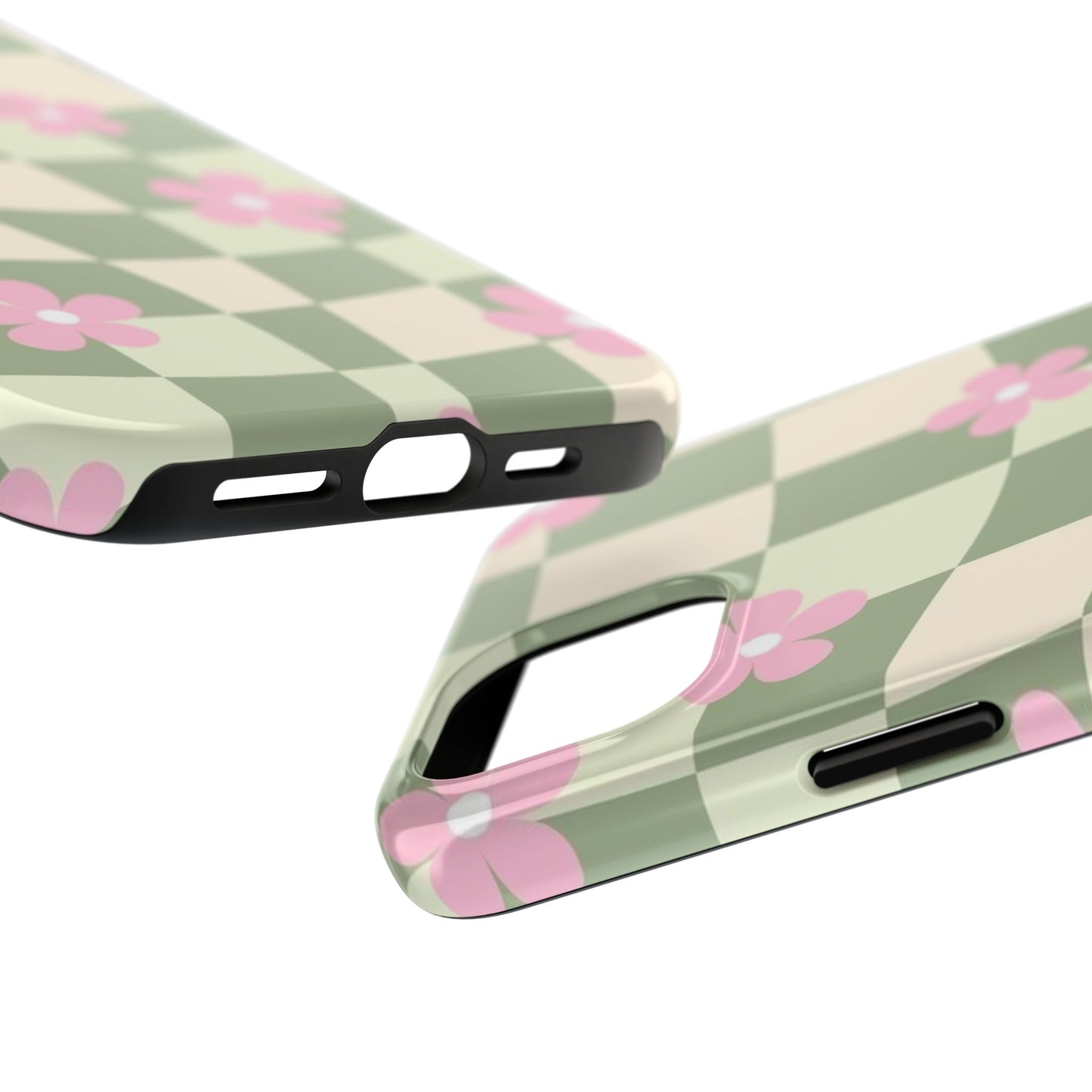 Tough Phone Case — Retro Green Checkerboard with Pink Flowers