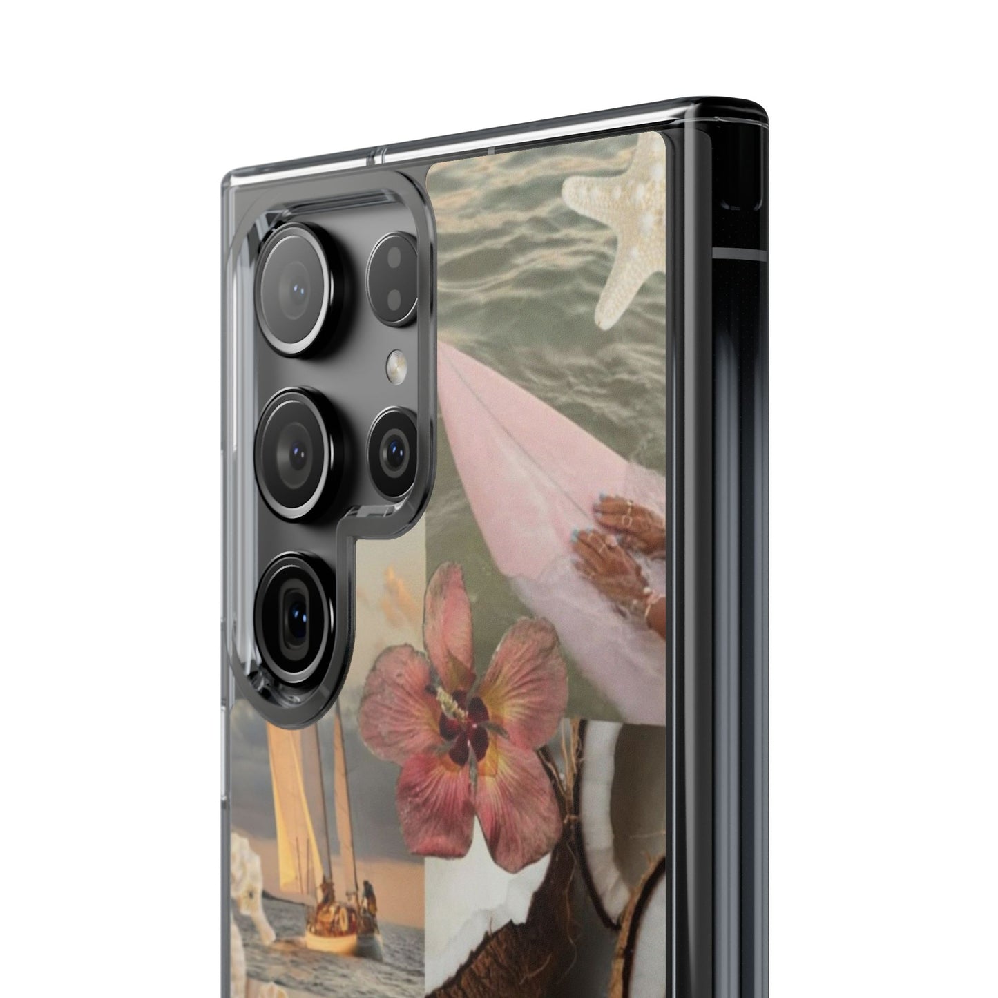 Clear Phone Case — Coastal Collage Shells & Surf Design