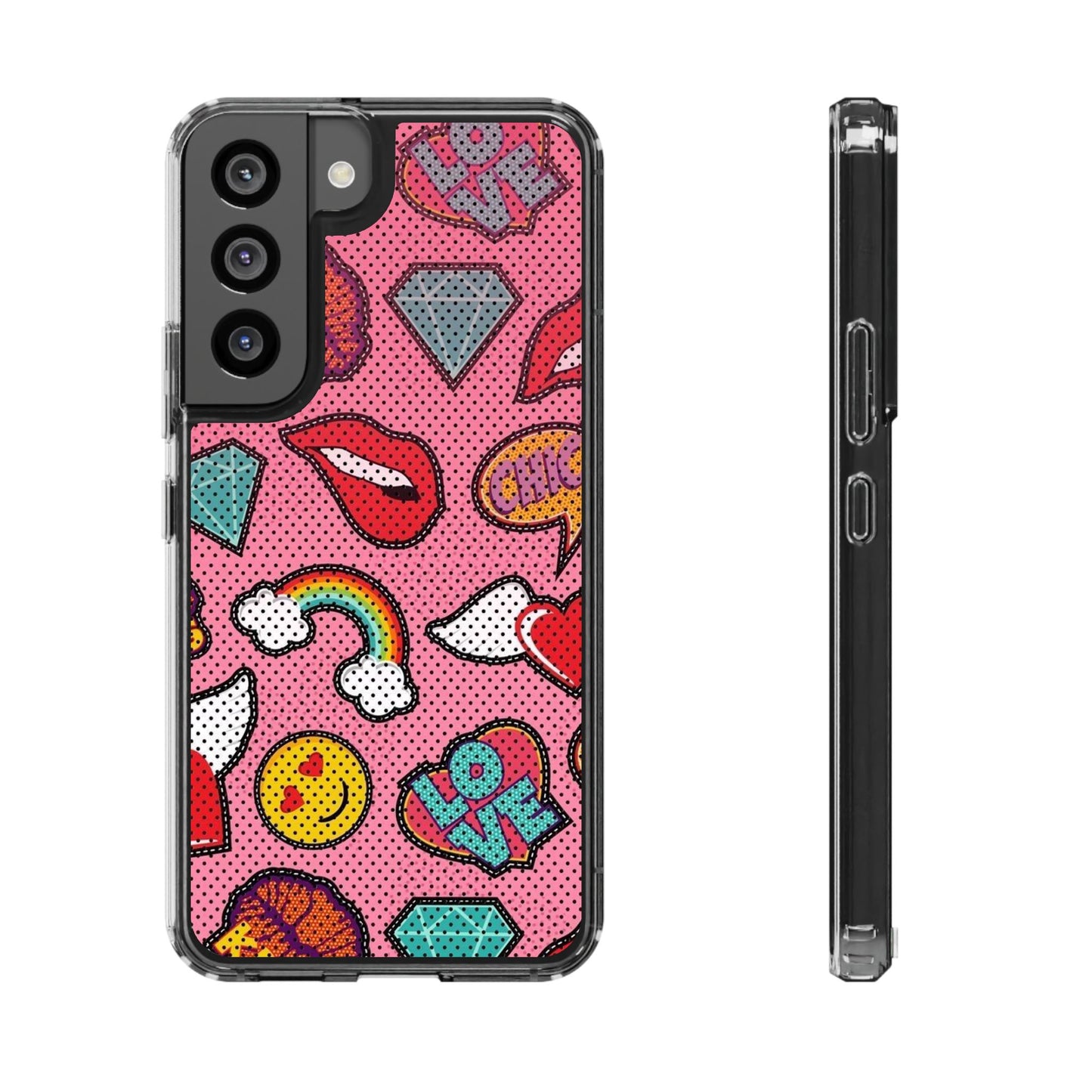 Clear Impact-Resistant Phone Case — Pink Pop Sticker Pattern (Hearts, Rainbows, Smileys)