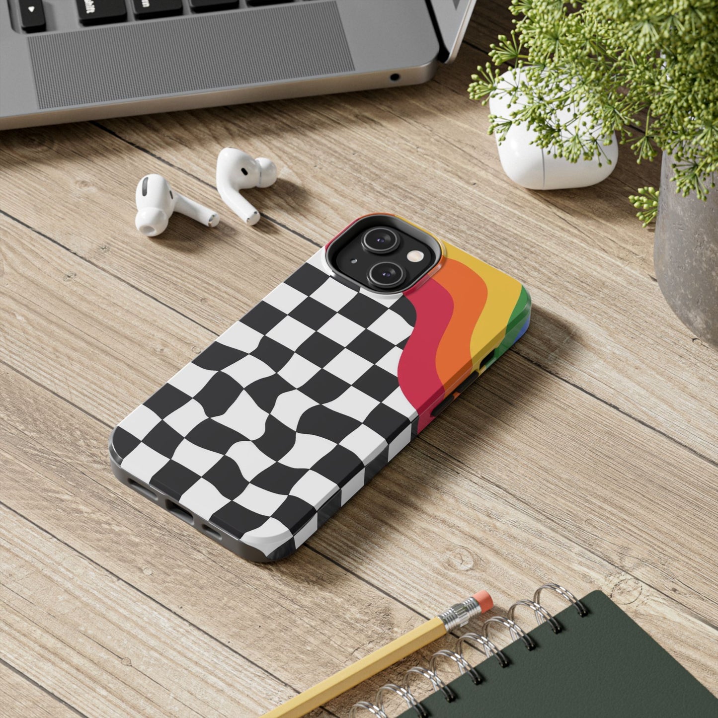 Retro Wavy Checkerboard Tough Phone Case — Rainbow Surf Skate Design