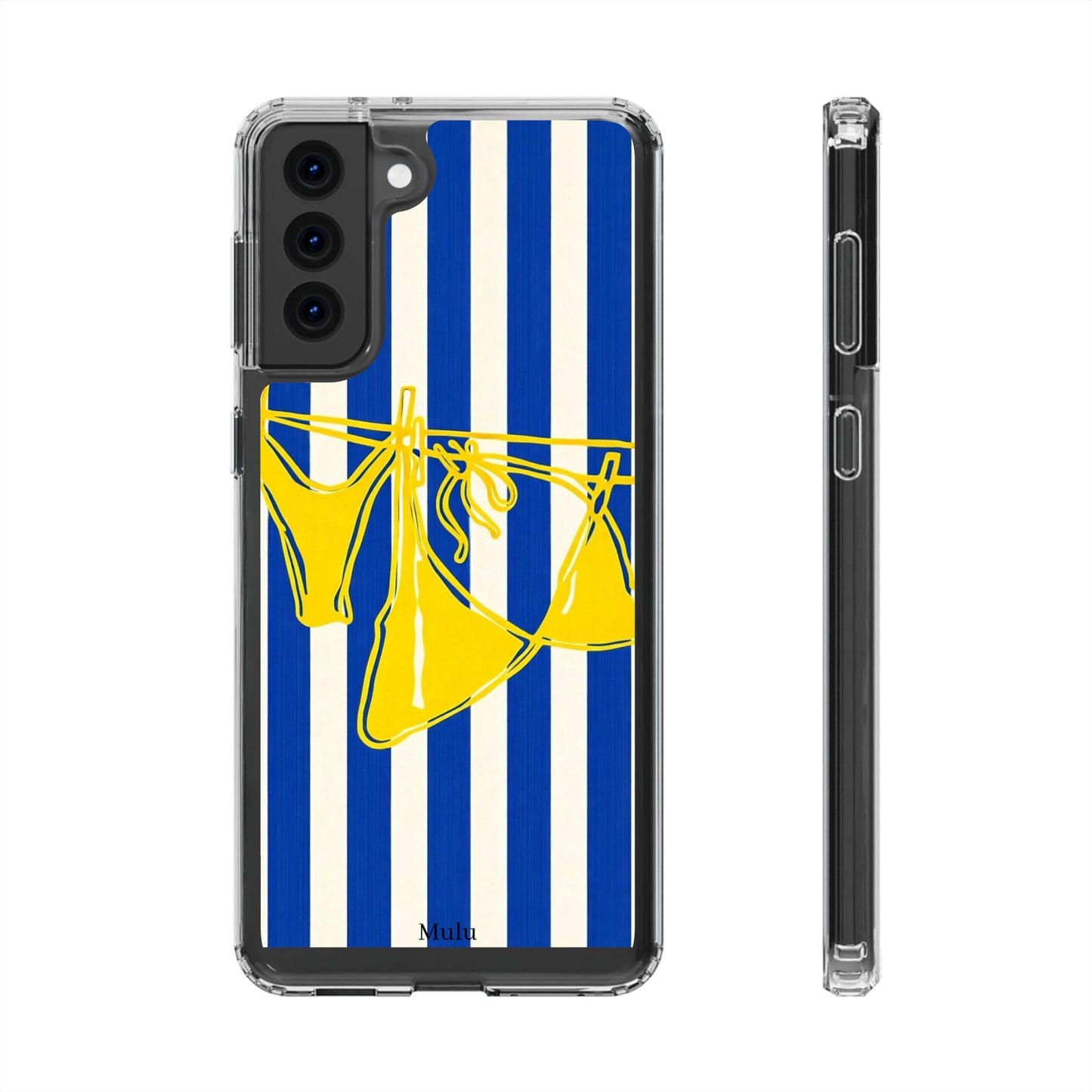 Striped Beach Bikini Phone Case — Yellow Swimwear on Blue & White Stripes, Clear Impact-Resistant