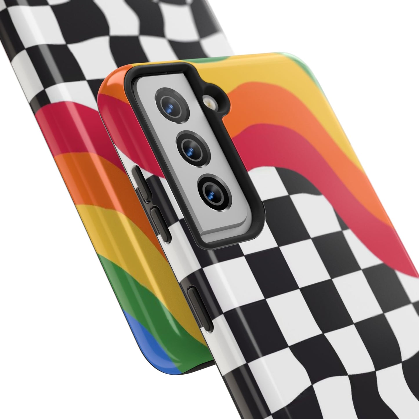 Retro Wavy Checkerboard Tough Phone Case — Rainbow Surf Skate Design