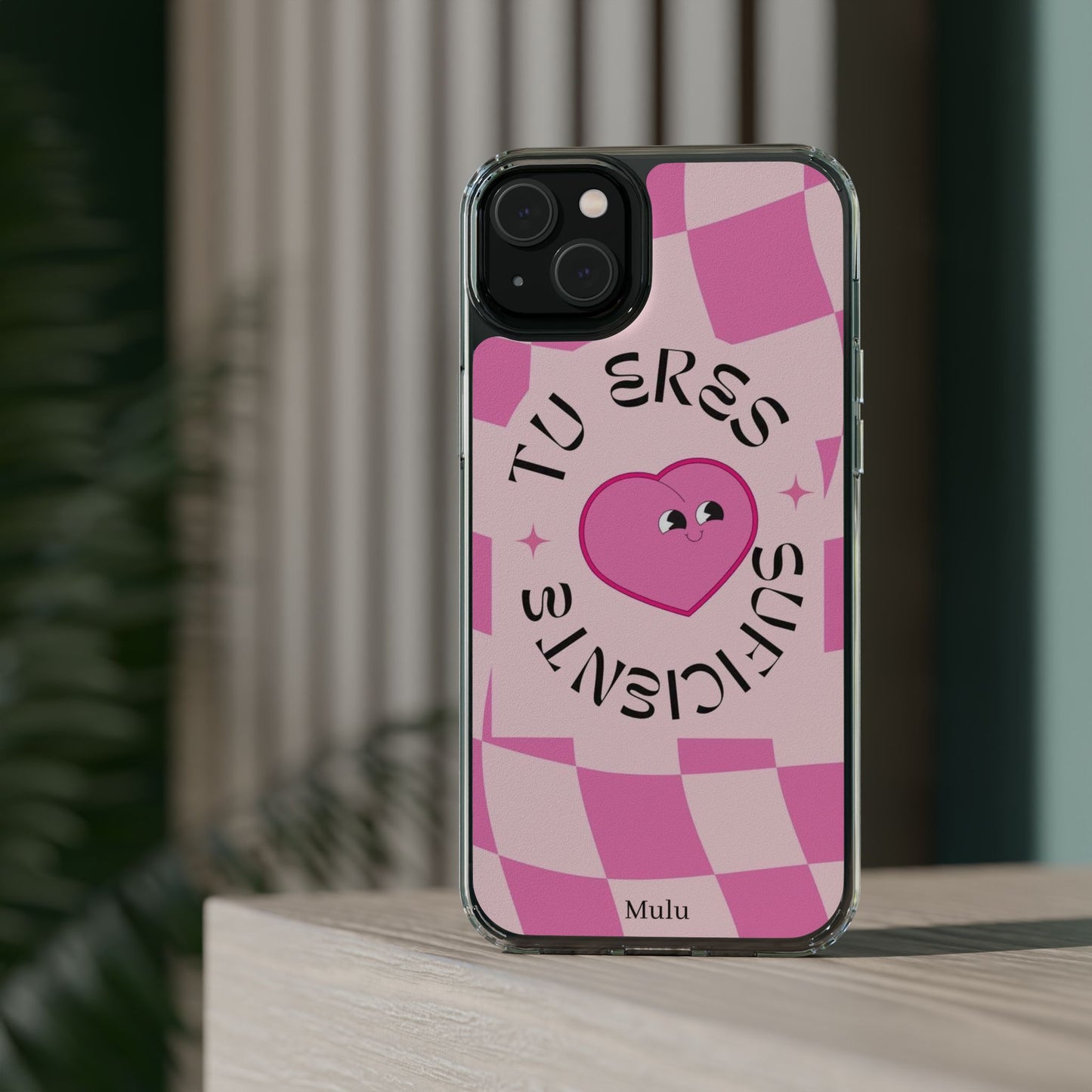 Clear Impact-Resistant Phone Case — Pink Checkerheart “Tu Eres Suficiente” Design
