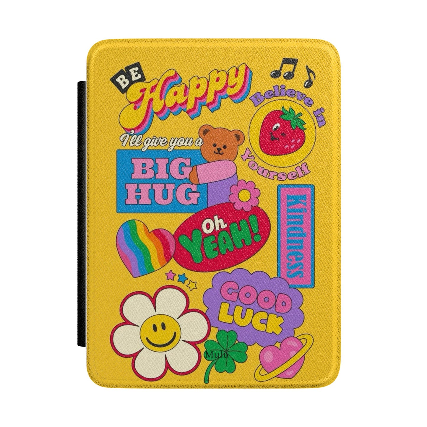Be Happy Yellow Kindle Case — Retro Sticker Collage Cover ("Big Hug", "Oh Yeah", "Good Luck")