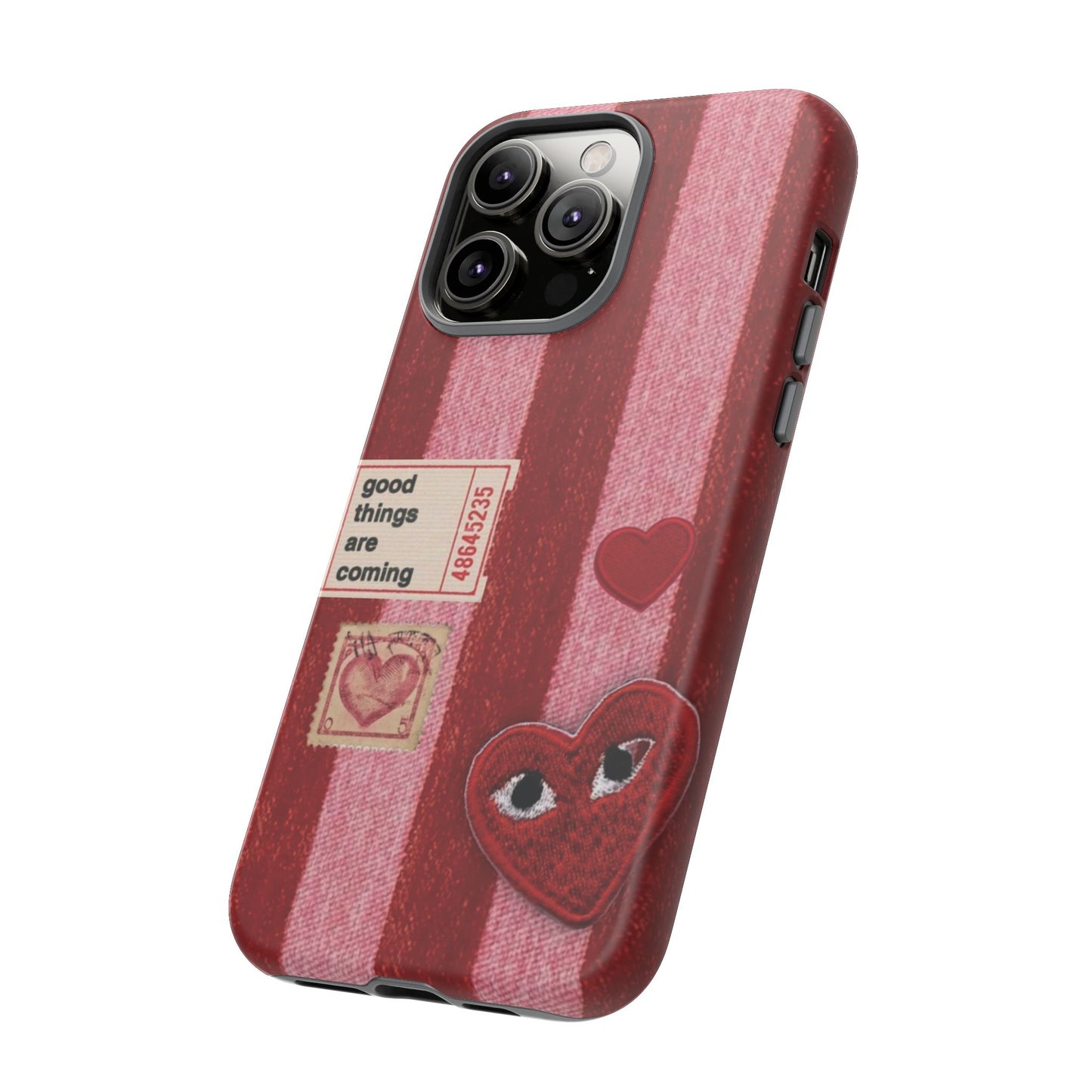 Phone Case — Red Striped Heart Design with “Good Things Are Coming”