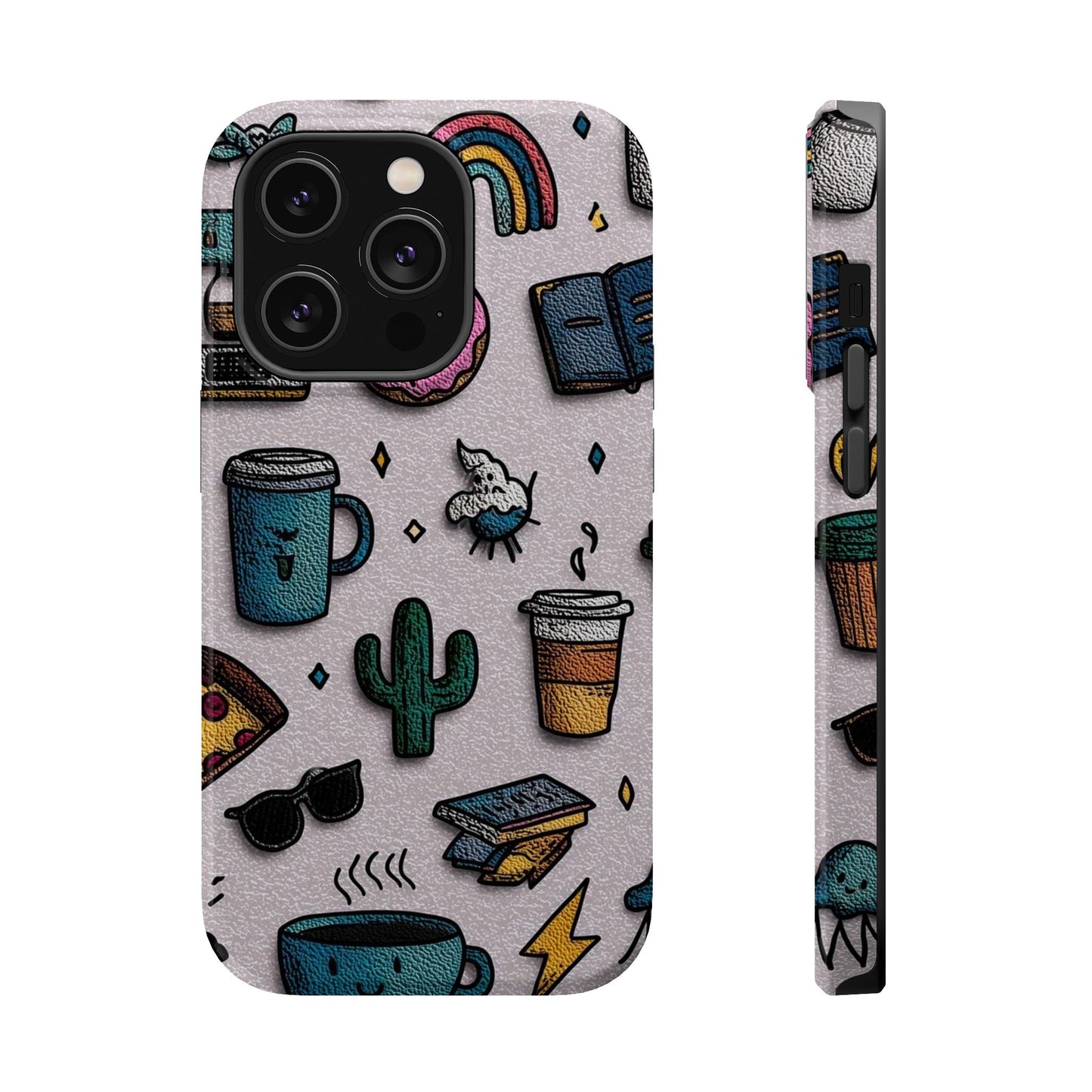 Cute Doodle Phone Case — Magnetic Impact-Resistant Design (coffee, rainbow, cactus)