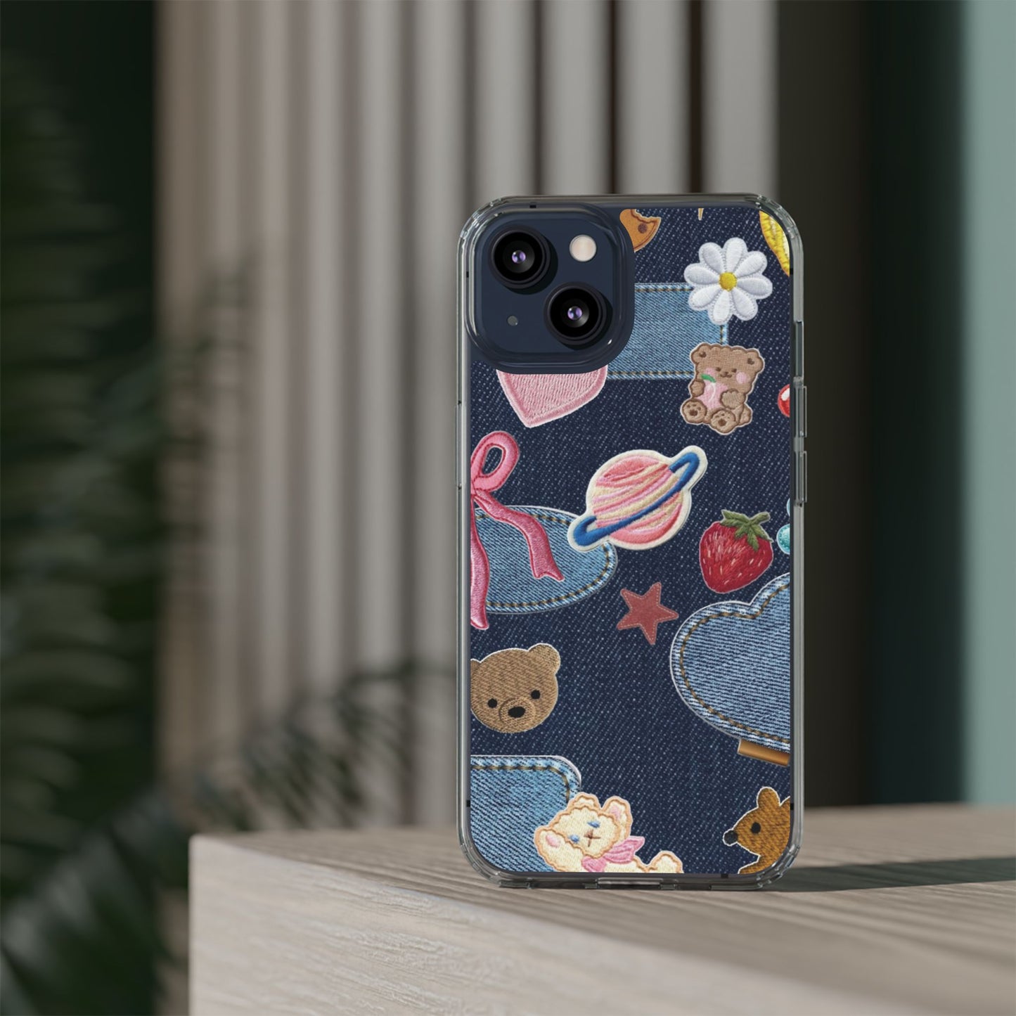 Clear Impact-Resistant Phone Case — Cute Denim Patch Collage (Teddy, Strawberry, Planet)