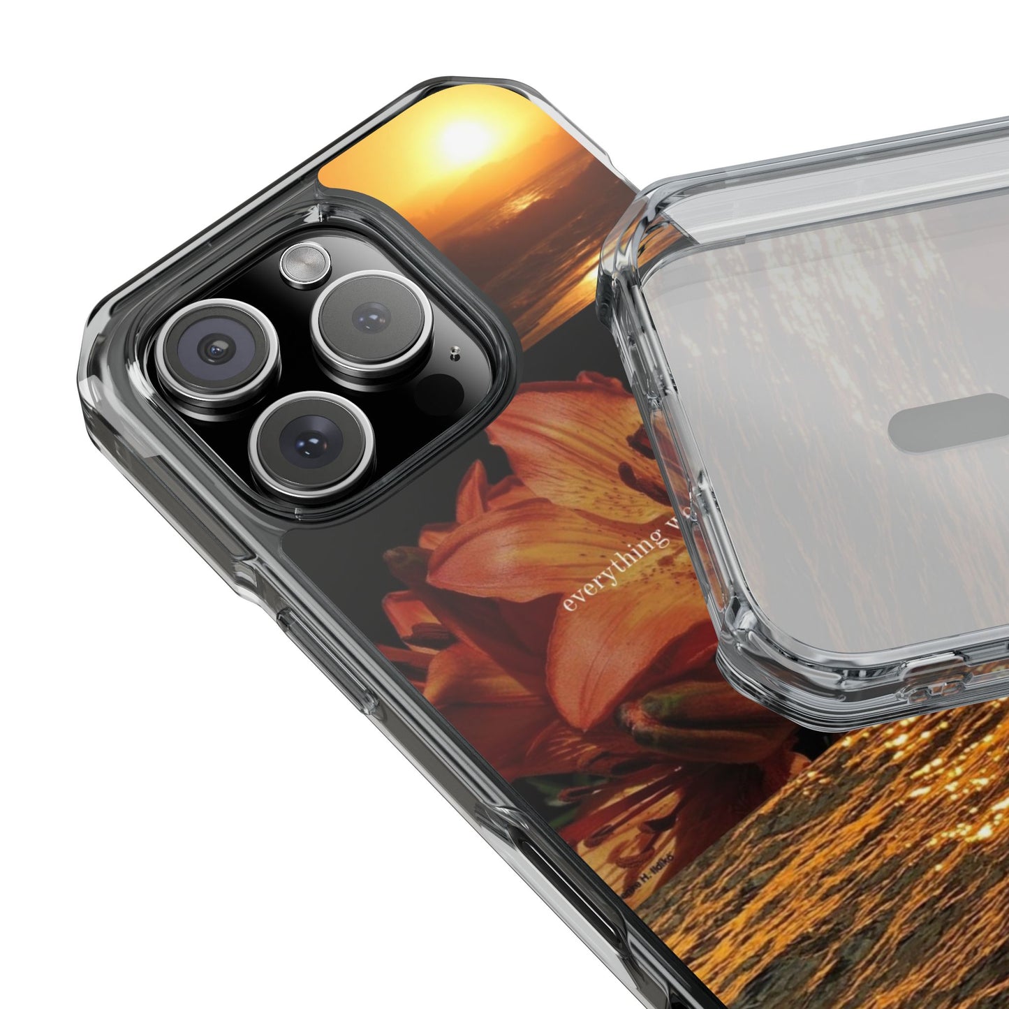 Clear Magnetic Phone Case — Sunset Lily Design ("anything waits for you")