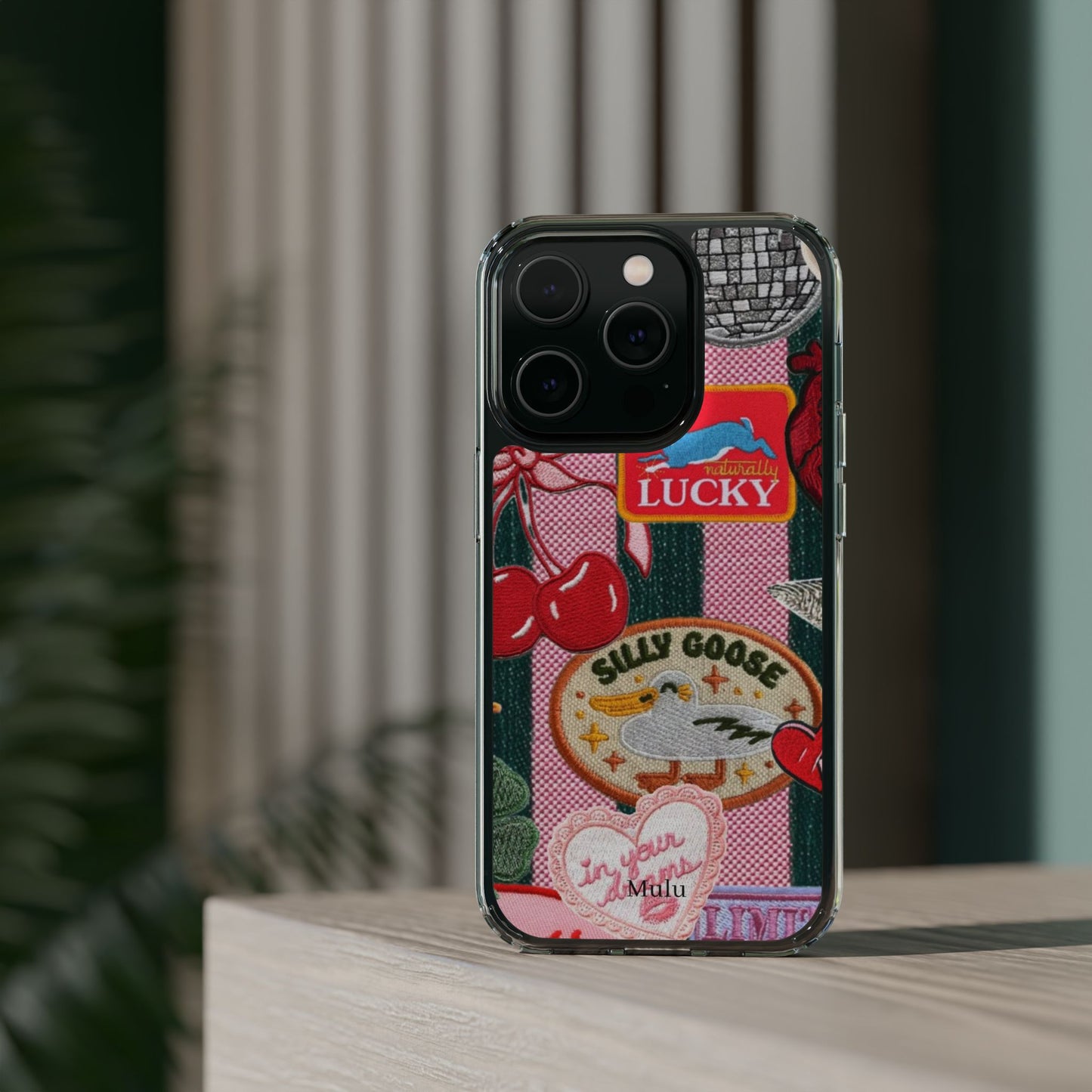 Clear Impact-Resistant Phone Case — Retro Patchwork Stickers (Lucky, Cherries, Silly Goose)