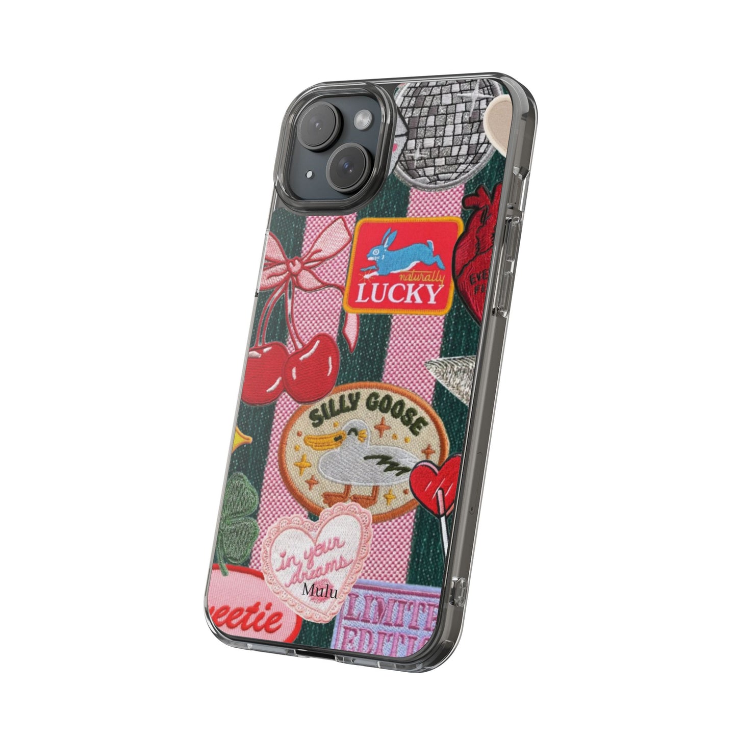 Clear Impact-Resistant Phone Case — Retro Patchwork Stickers (Lucky, Cherries, Silly Goose)