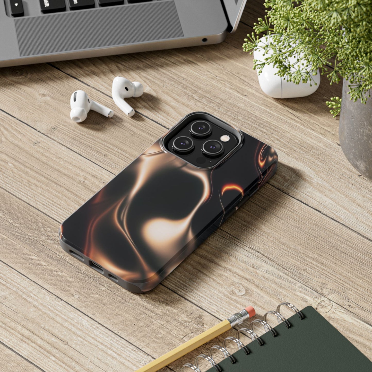Abstract Liquid Glow Tough Phone Case — Black & Bronze Swirl Protective Cover