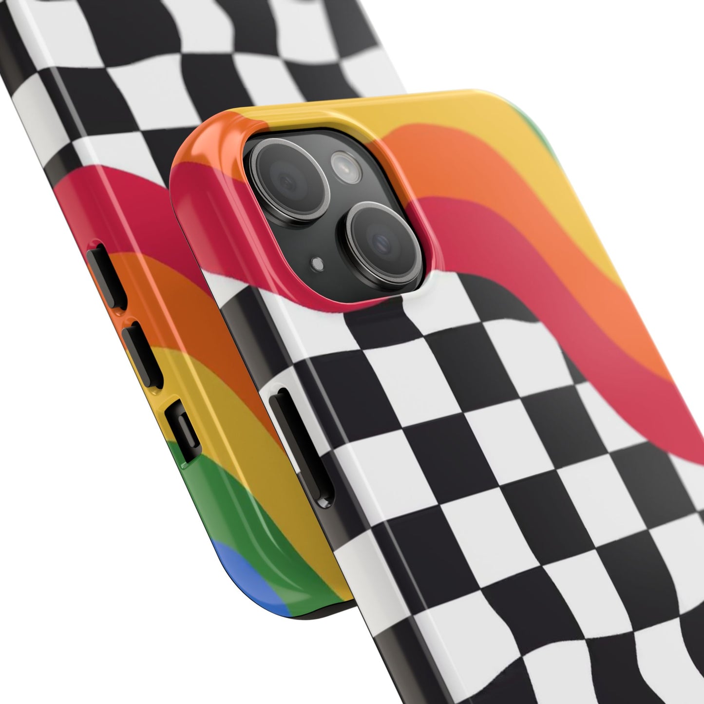 Retro Wavy Checkerboard Tough Phone Case — Rainbow Surf Skate Design