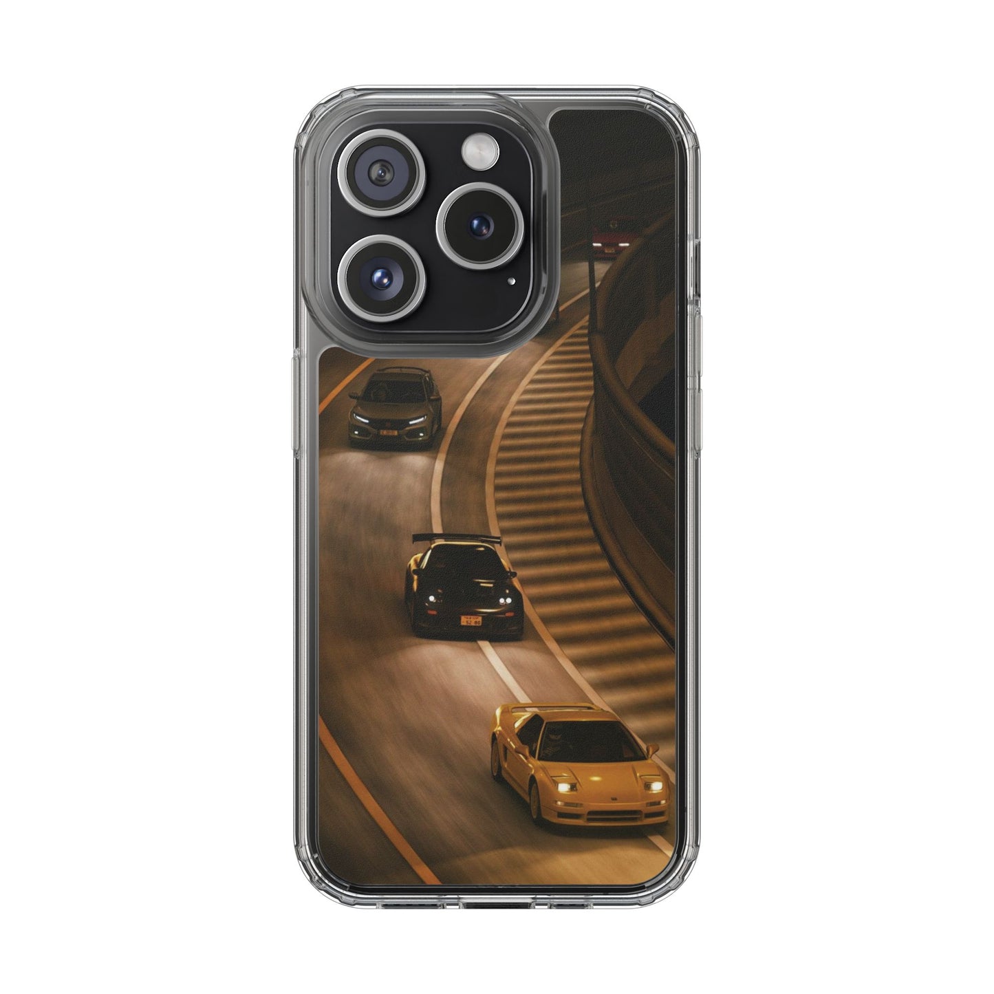 Racing Night Clear Phone Case – Sports Cars on Curved Highway