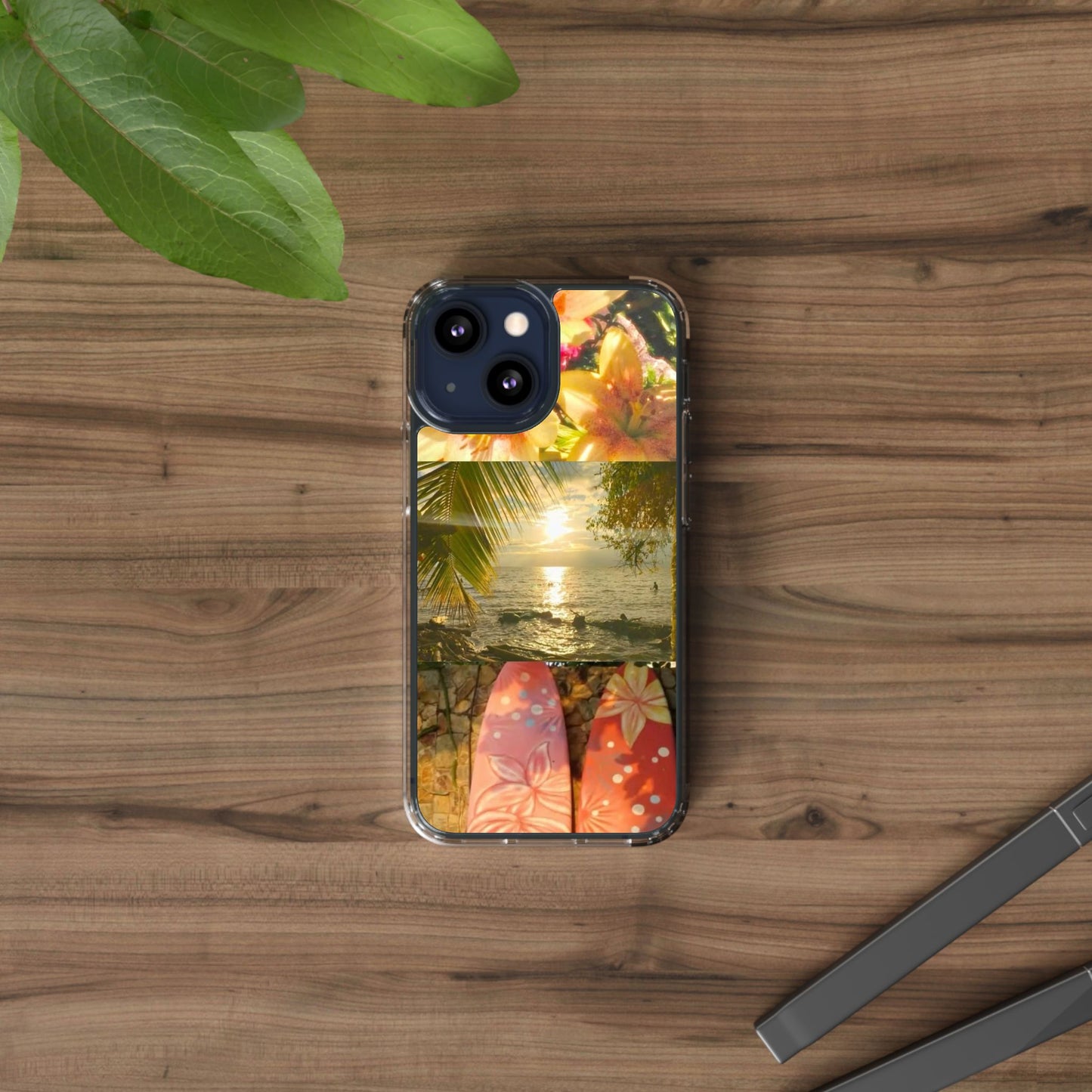 Tropical Sunset Phone Case — Floral Surfboard Clear iPhone Case