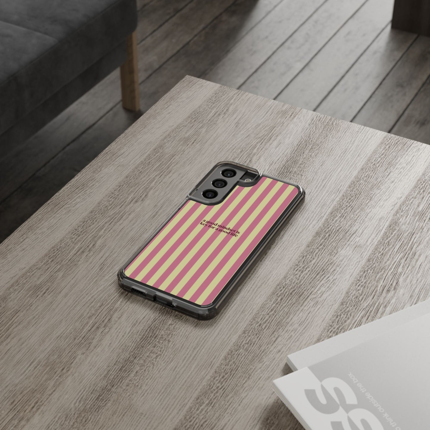 Striped Clear Phone Case — "A Good Mindset Is Key for a Good Life" Motivational iPhone Case