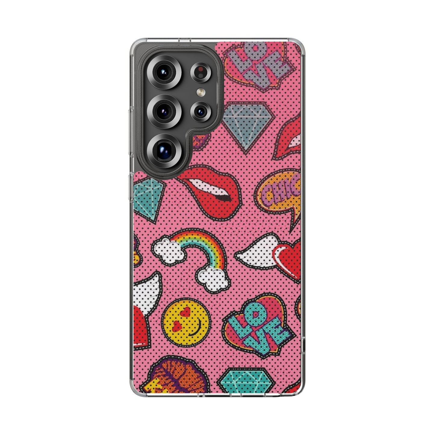 Clear Impact-Resistant Phone Case — Pink Pop Sticker Pattern (Hearts, Rainbows, Smileys)