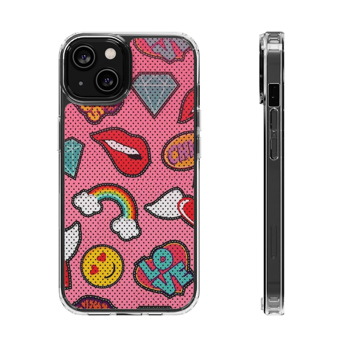 Clear Impact-Resistant Phone Case — Pink Pop Sticker Pattern (Hearts, Rainbows, Smileys)