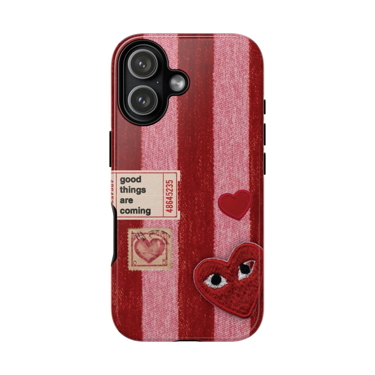 Phone Case — Red Striped Heart Design with “Good Things Are Coming”