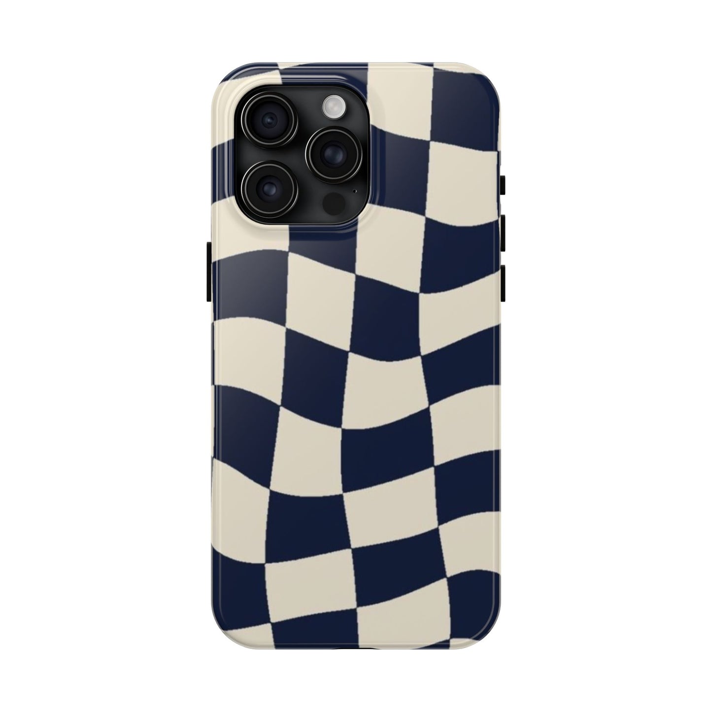 Wavy Checkerboard Tough Phone Case — Navy & Cream Protective Cover