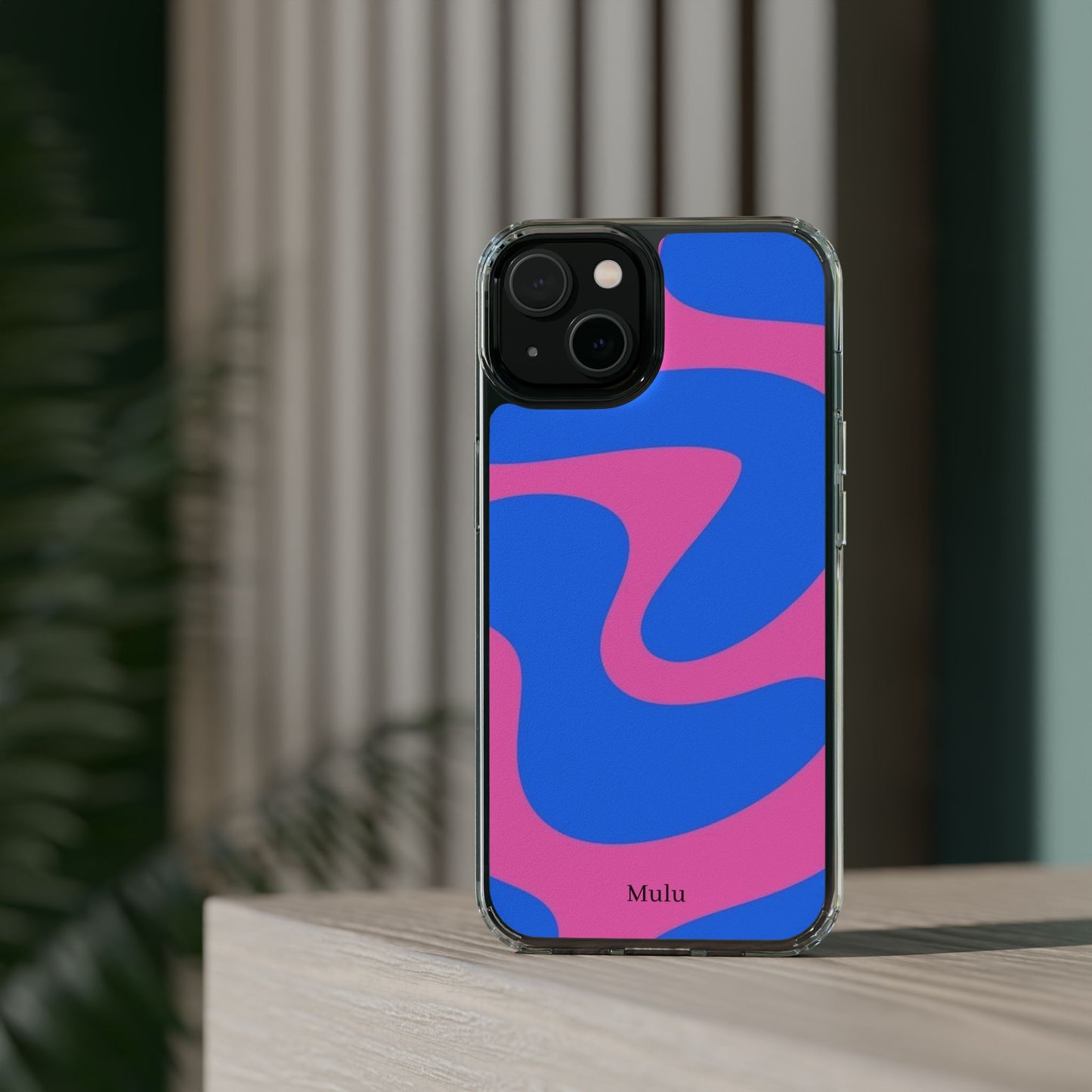 Clear Impact-Resistant Phone Case — Retro Blue & Pink Abstract Swirl