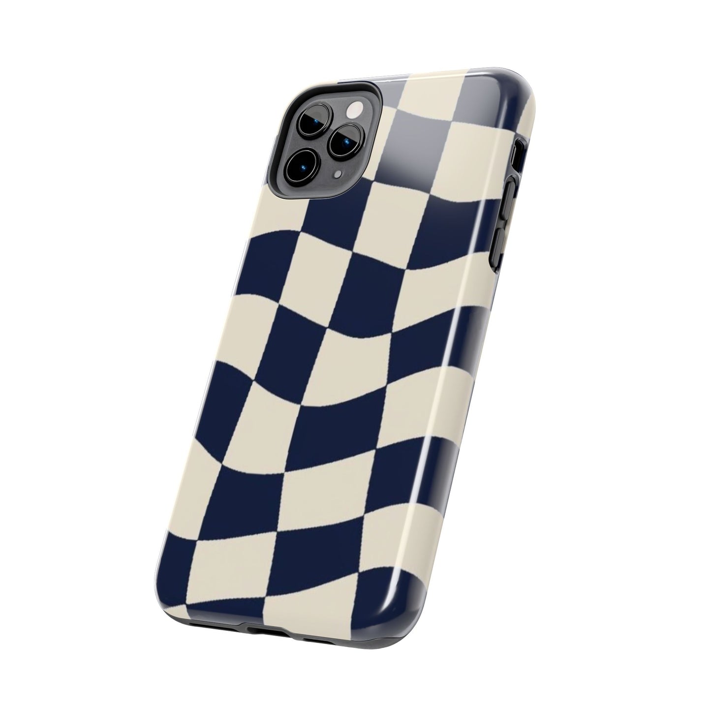 Wavy Checkerboard Tough Phone Case — Navy & Cream Protective Cover