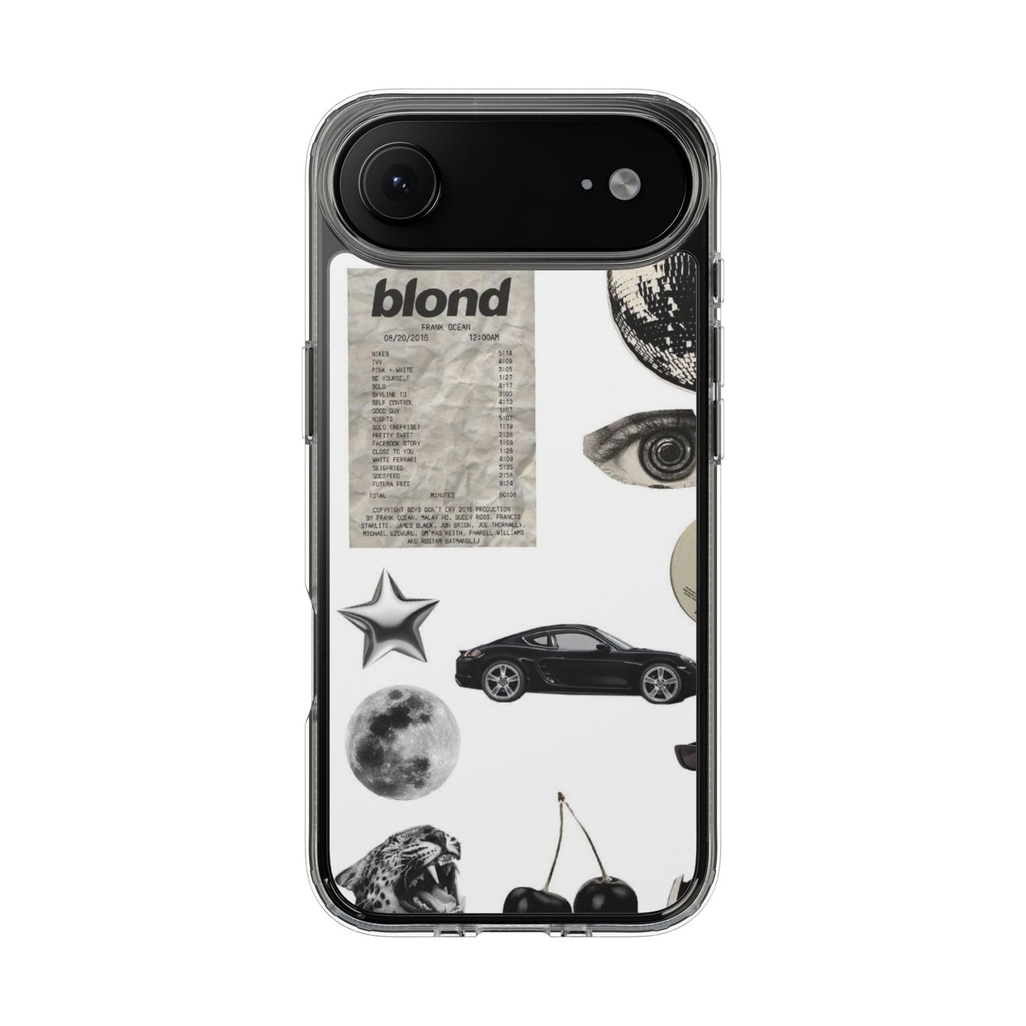 Clear Phone Case — Vintage Collage Stickers (Moon, Eye, Car, Cherries)