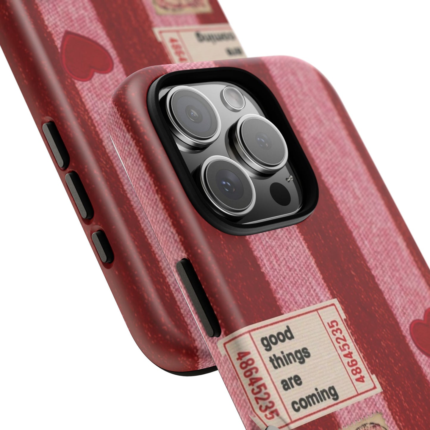 Phone Case — Red Striped Heart Design with “Good Things Are Coming”