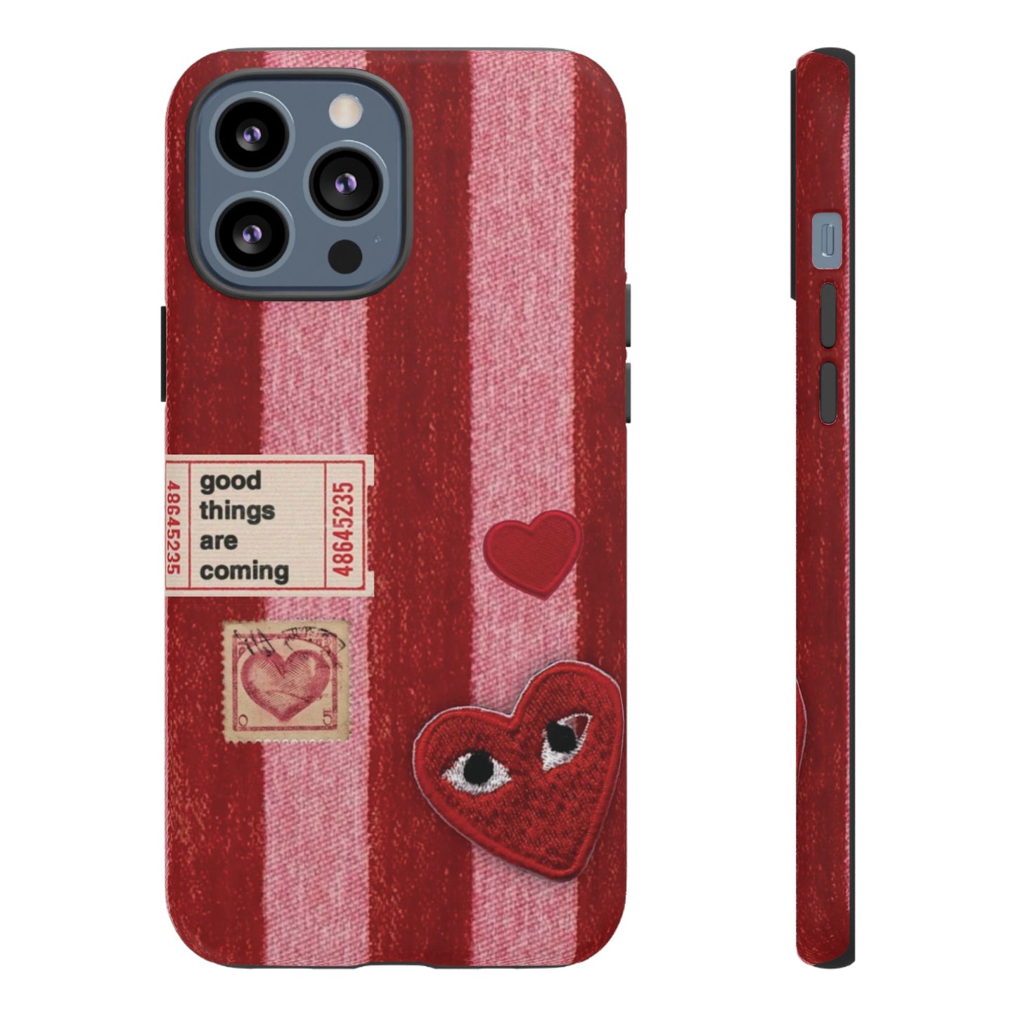 Phone Case — Red Striped Heart Design with “Good Things Are Coming”