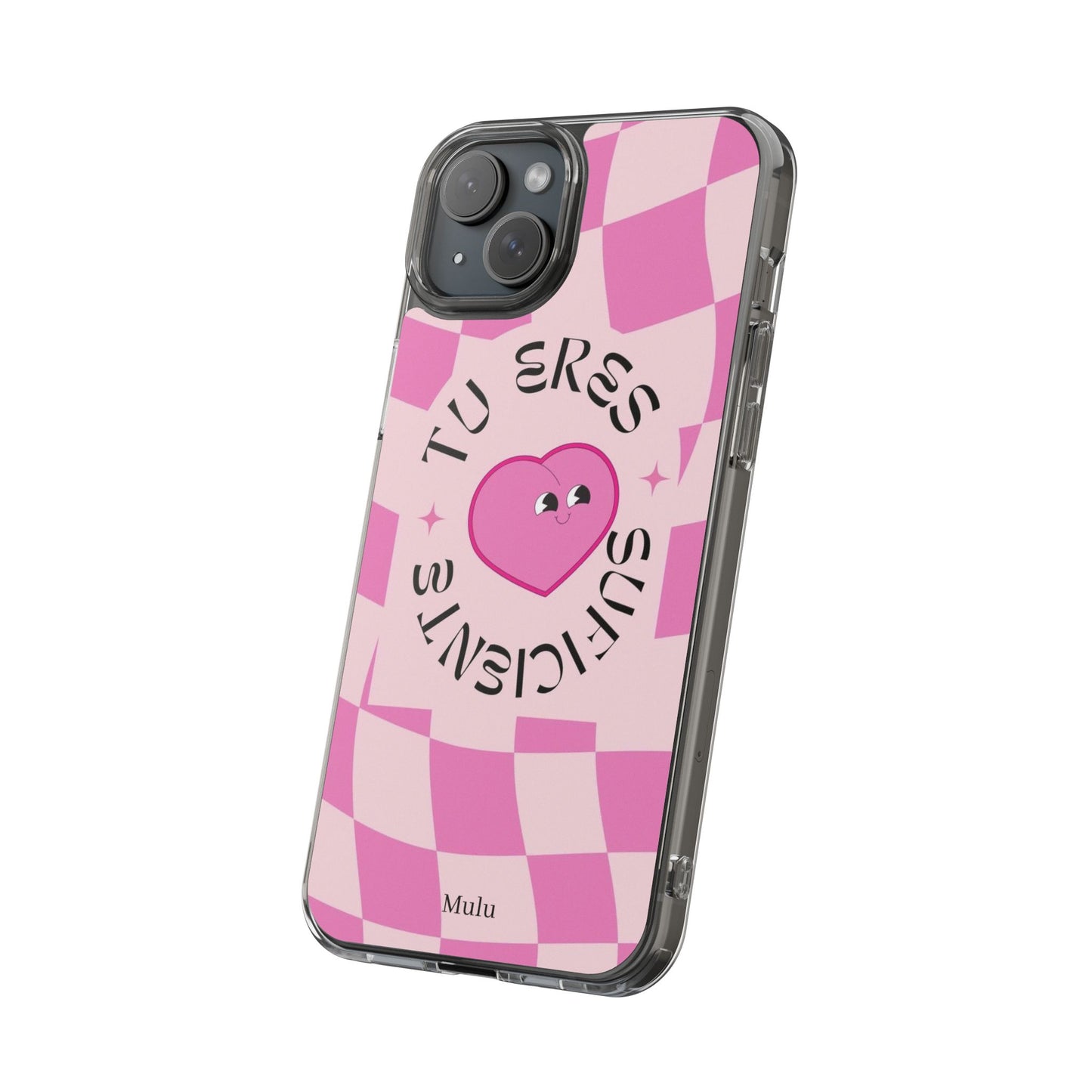 Clear Impact-Resistant Phone Case — Pink Checkerheart “Tu Eres Suficiente” Design