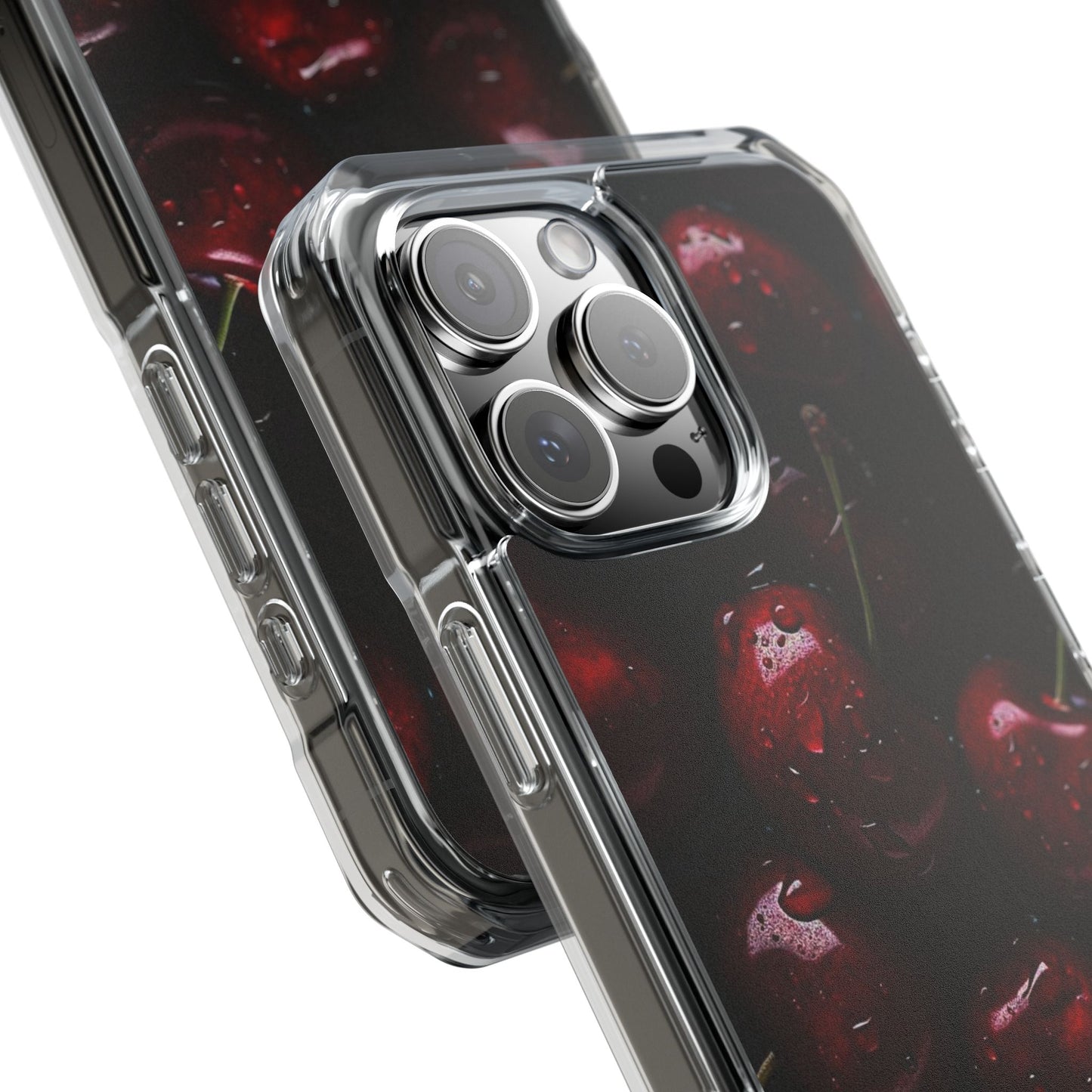 Cherry Pattern Clear Magnetic Phone Case — Dark Red Fruit Design