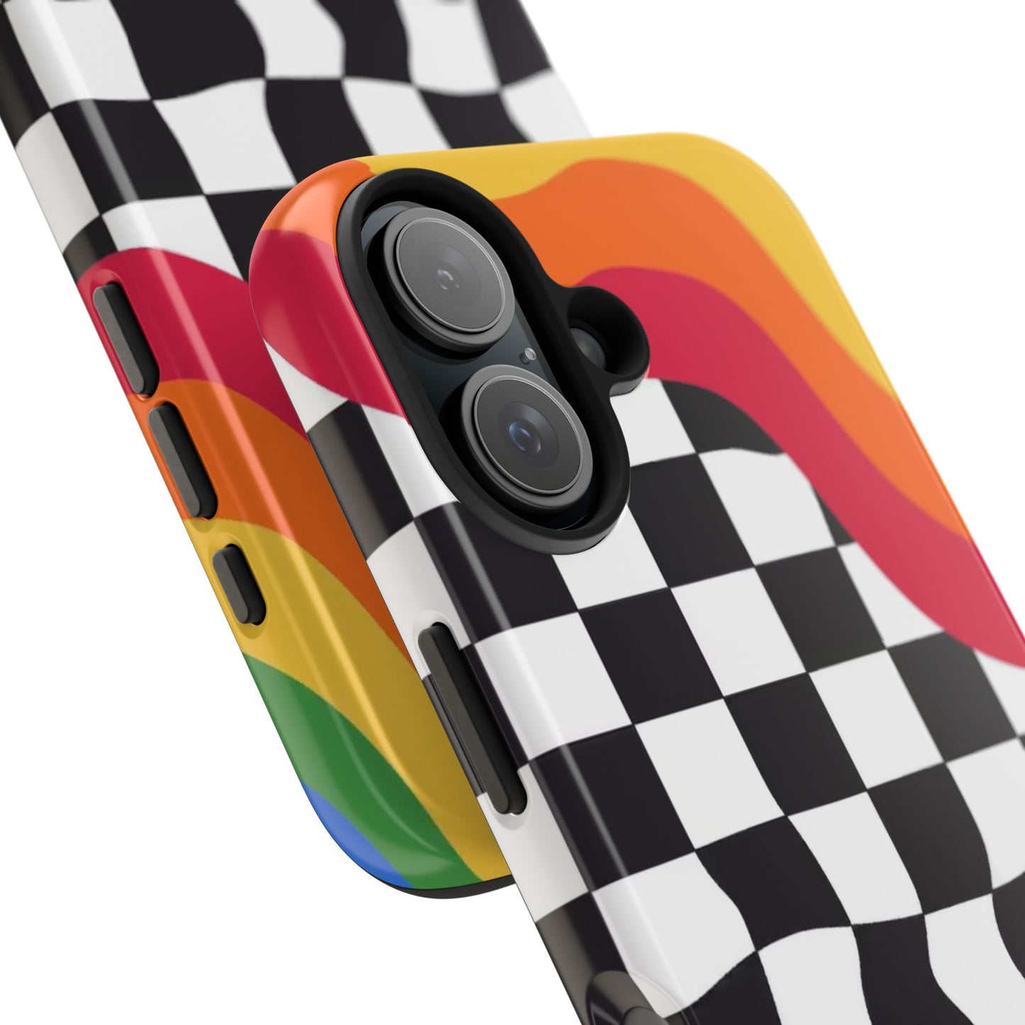 Retro Wavy Checkerboard Tough Phone Case — Rainbow Surf Skate Design