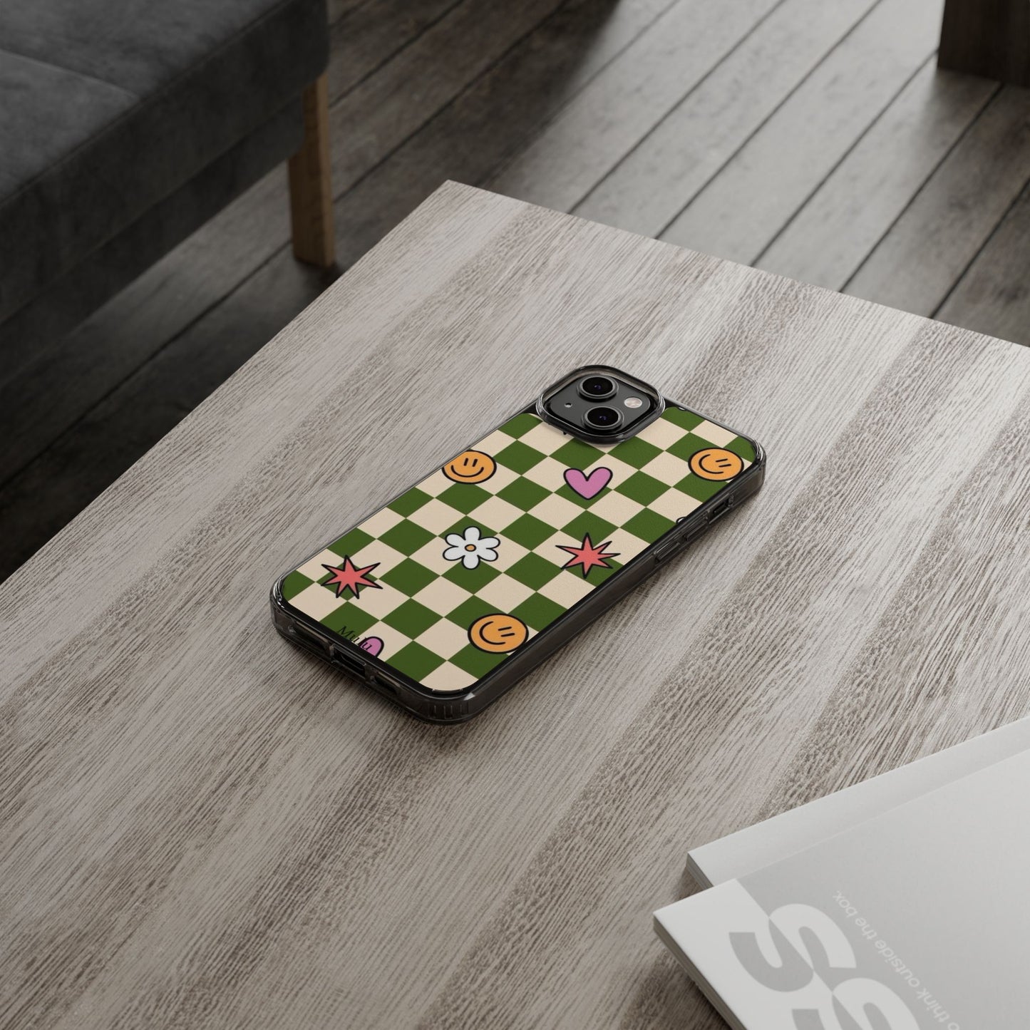 Clear Impact-Resistant Case — Retro Green Checkerboard with Smiley, Hearts & Flowers