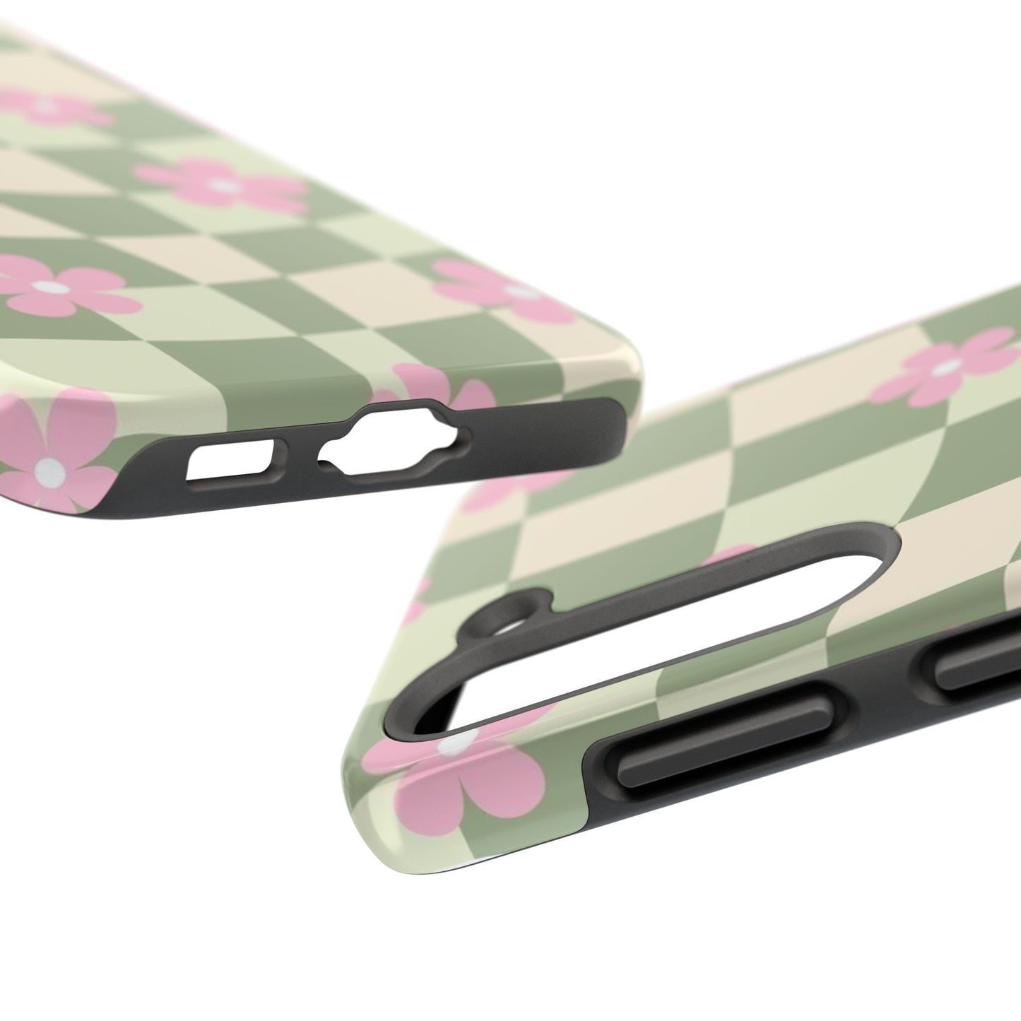 Tough Phone Case — Retro Green Checkerboard with Pink Flowers