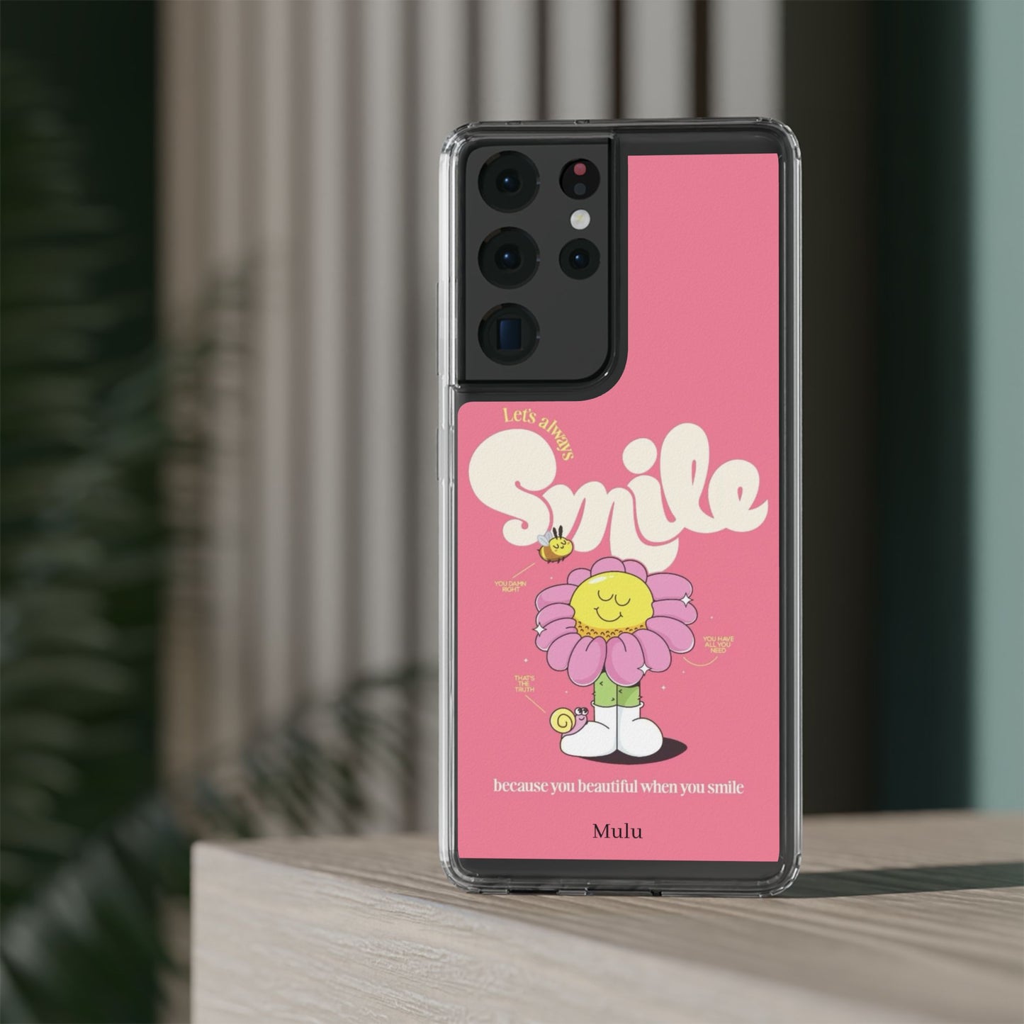 Clear Impact-Resistant Phone Case — Pink 'Smile' Flower Design