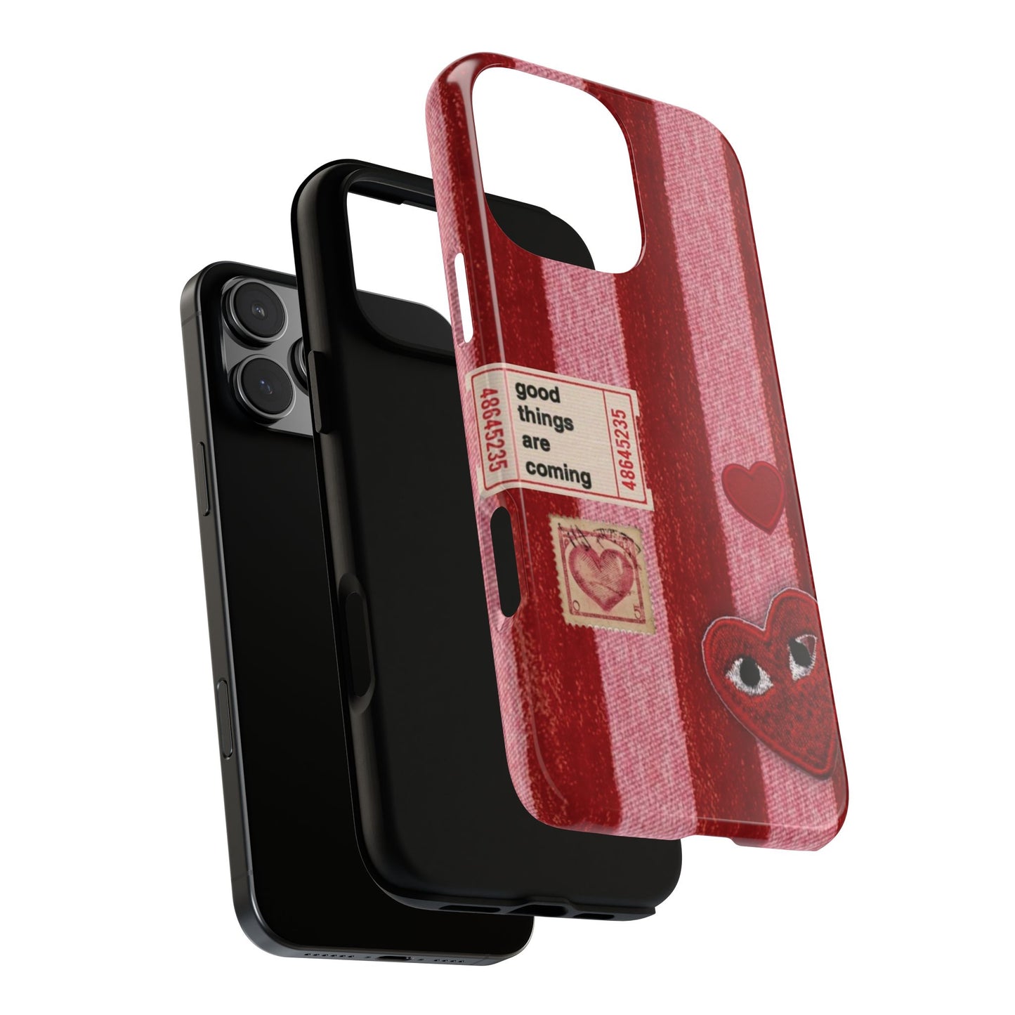 Phone Case — Red Striped Heart Design with “Good Things Are Coming”