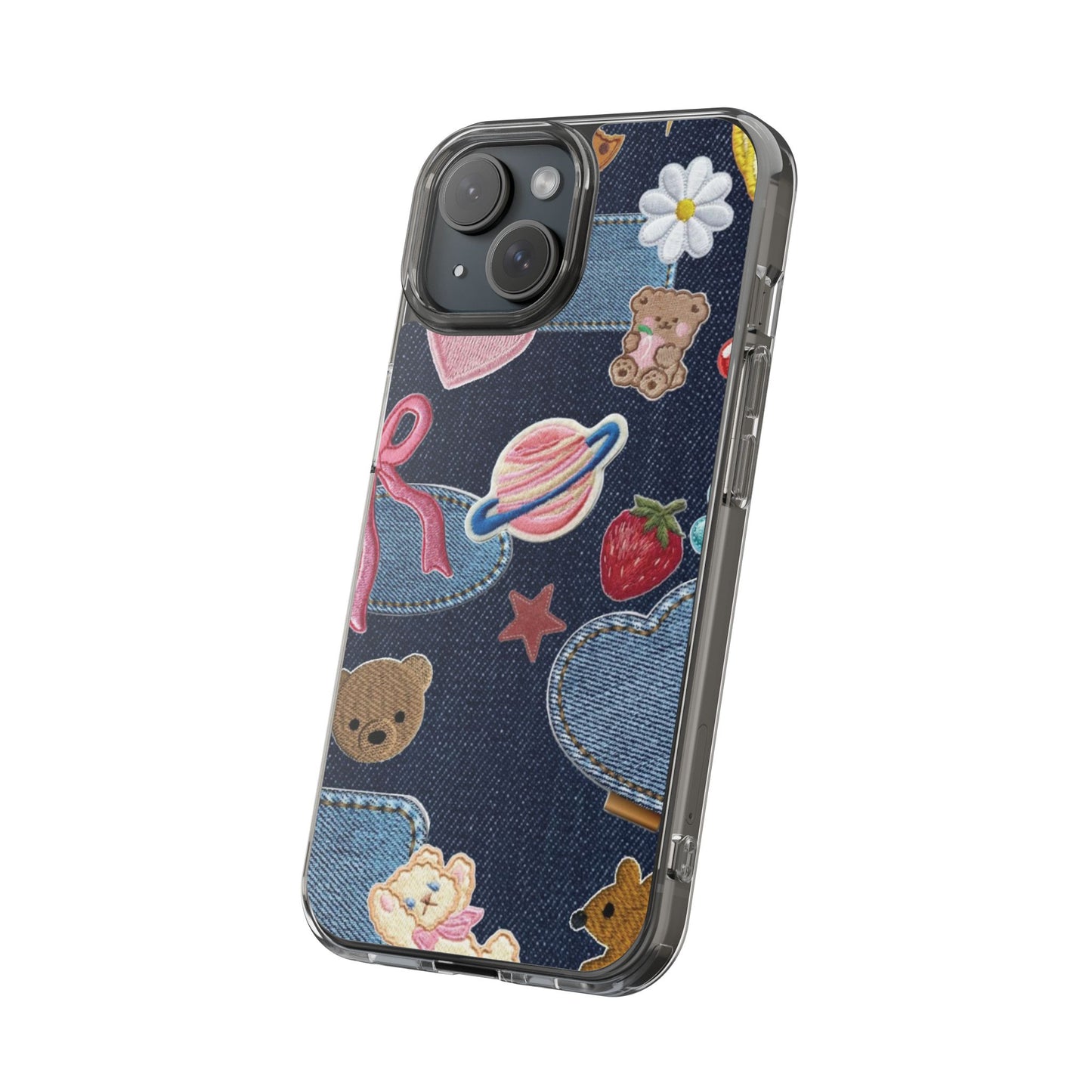 Clear Impact-Resistant Phone Case — Cute Denim Patch Collage (Teddy, Strawberry, Planet)