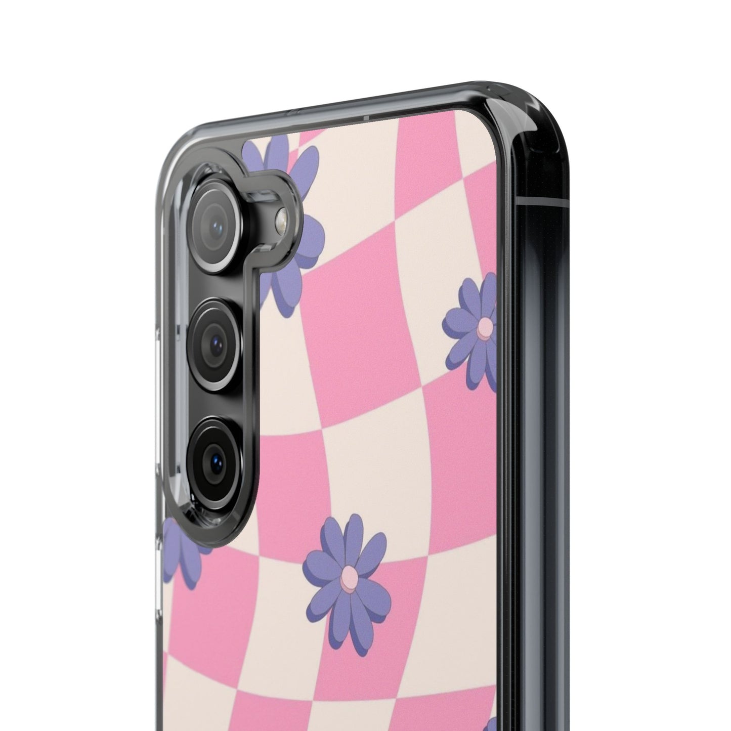 Clear Impact Phone Case — Pink Checkerboard with Purple Flowers