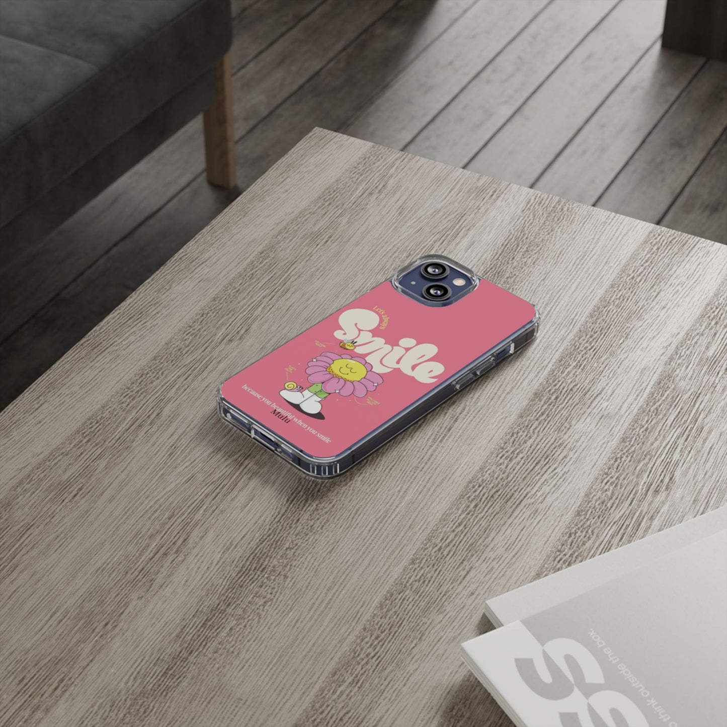 Clear Impact-Resistant Phone Case — Pink 'Smile' Flower Design