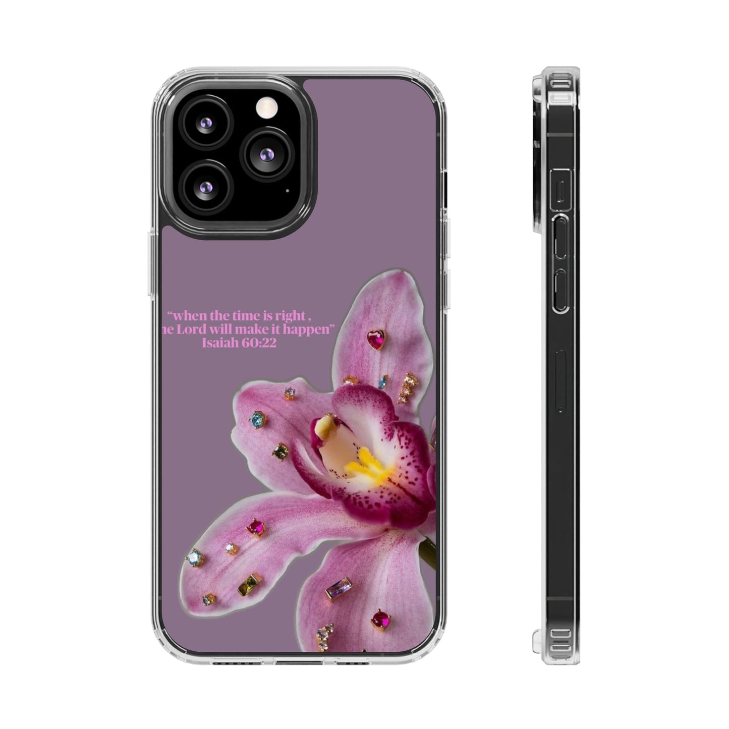 Clear Floral Impact-Resistant Phone Case — "When the time is right" Rose Orchid Design