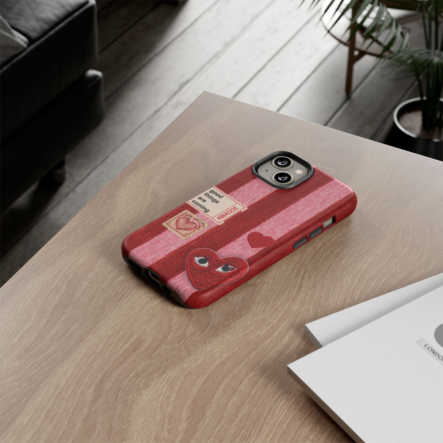 Phone Case — Red Striped Heart Design with “Good Things Are Coming”