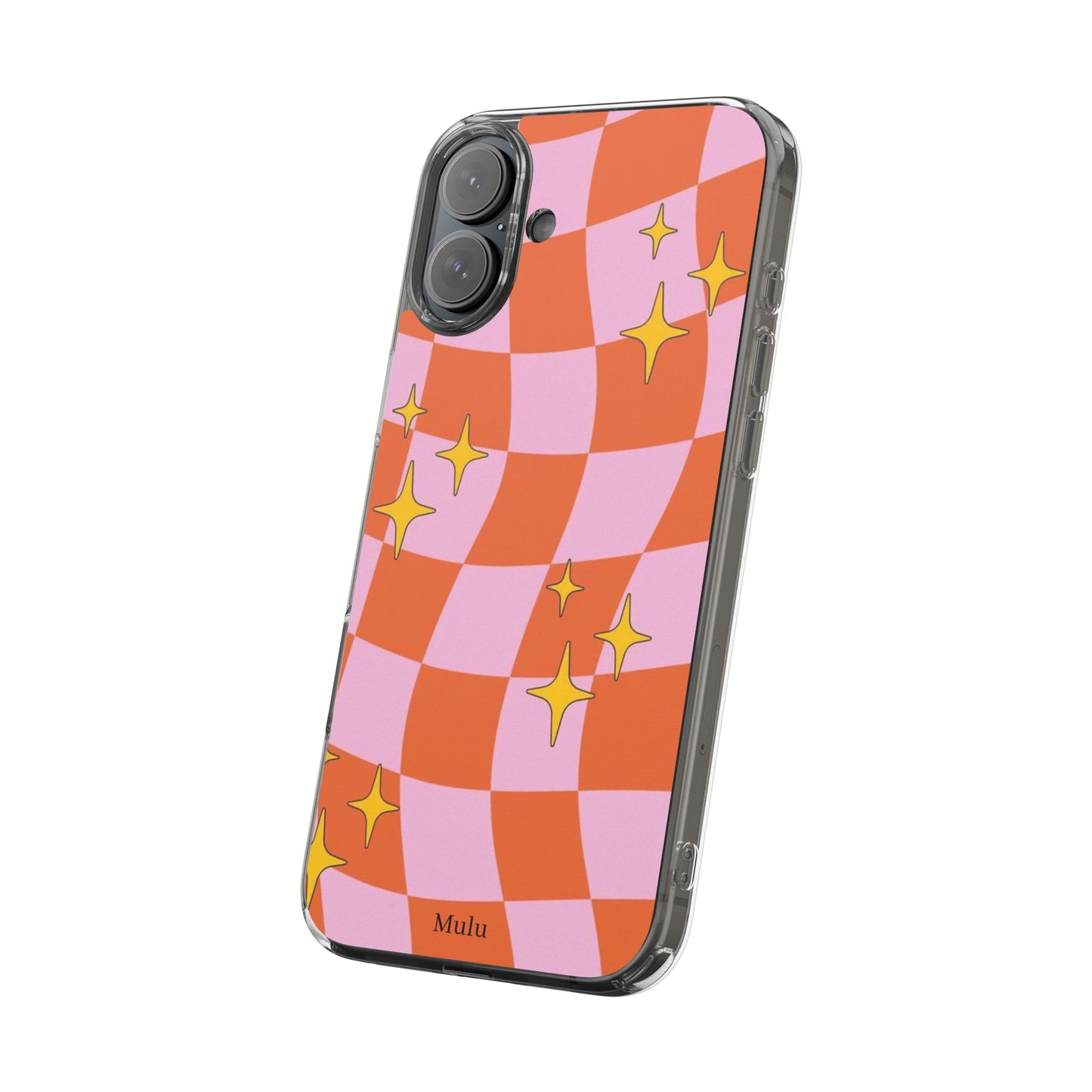 Clear Impact-Resistant Case — Retro Pink & Orange Checker with Sparkle Stars