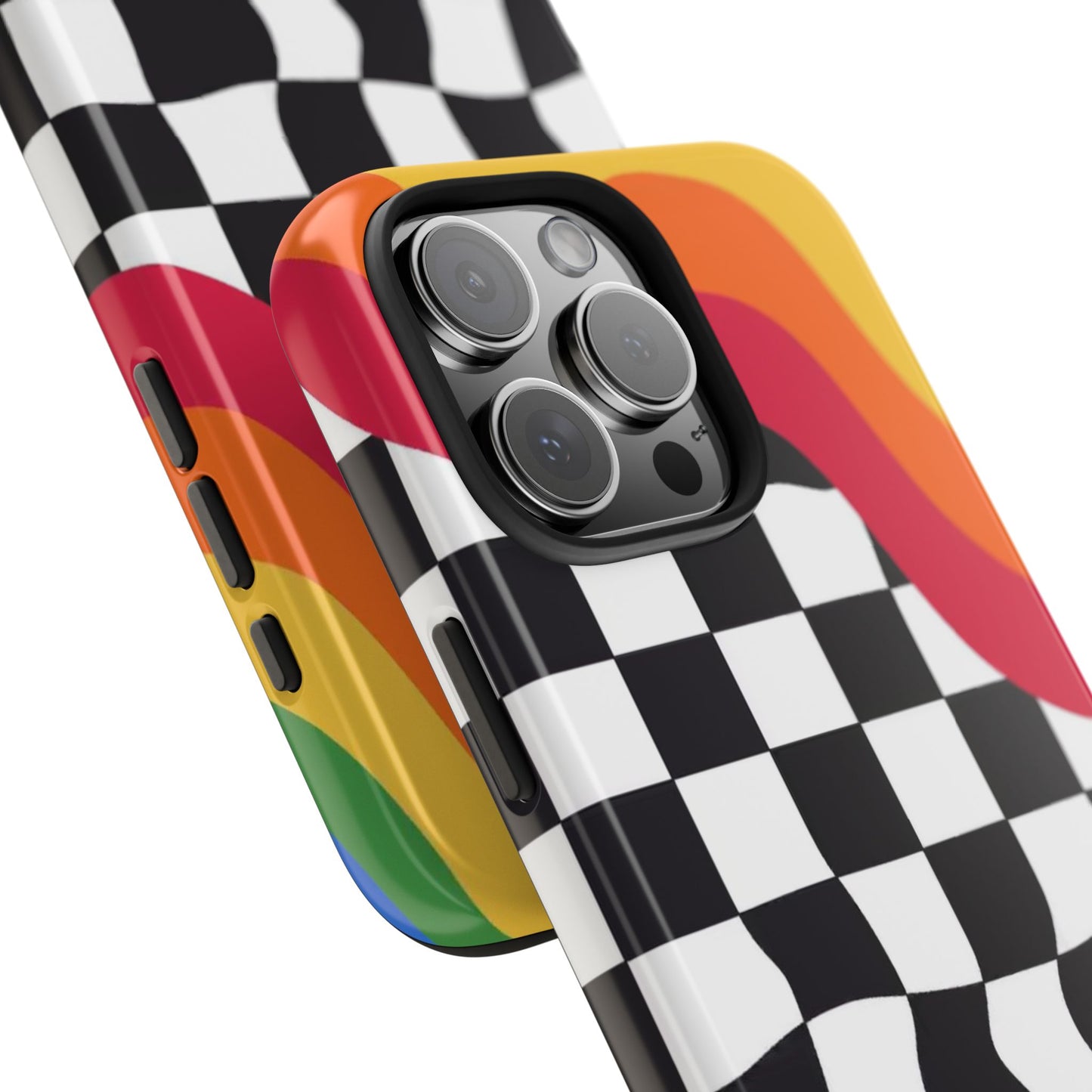 Retro Wavy Checkerboard Tough Phone Case — Rainbow Surf Skate Design