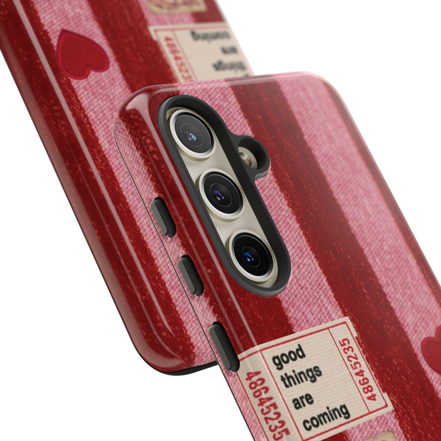 Phone Case — Red Striped Heart Design with “Good Things Are Coming”