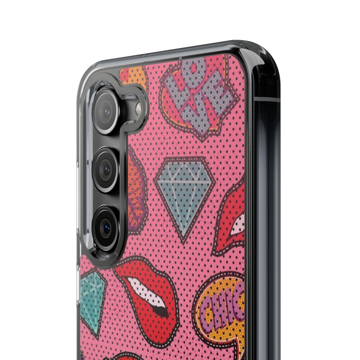 Clear Impact-Resistant Phone Case — Pink Pop Sticker Pattern (Hearts, Rainbows, Smileys)