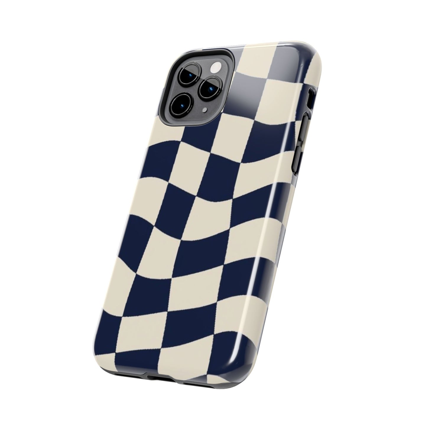 Wavy Checkerboard Tough Phone Case — Navy & Cream Protective Cover